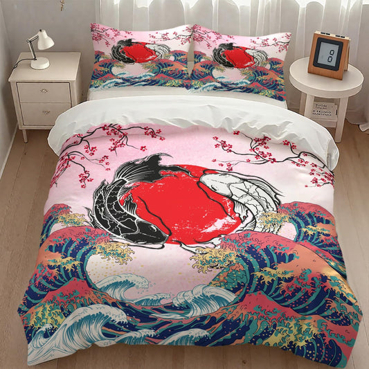 Lnepty Japanese Koi Fish Bedding Set,Asian Style Pink Cherry Blossom Big Wave Yin Yang Black White Koi Retro Landscape Comforter Set with Pillowcase for Bedroom Bed Decor,Twin 86"x70"