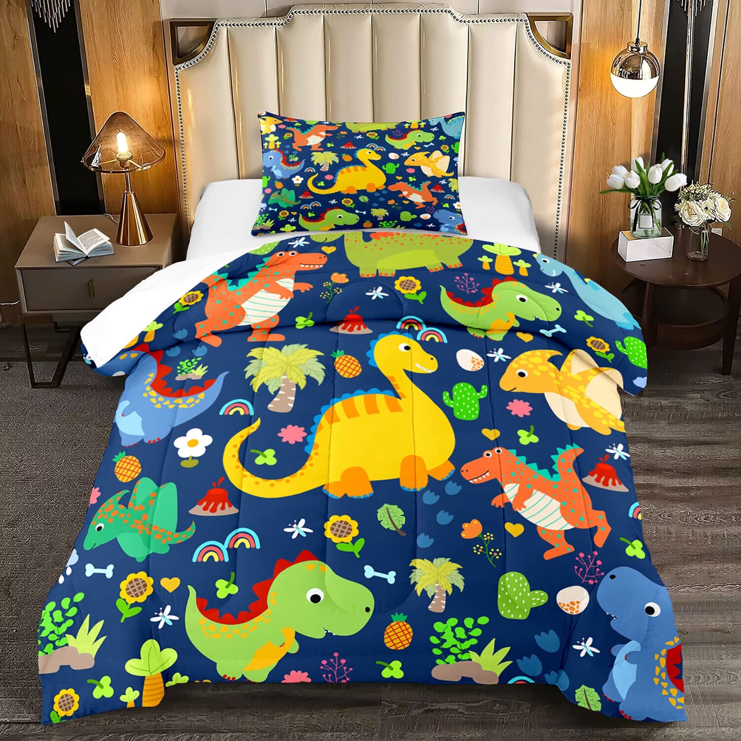 Dinosaur Comforter Set - Twin Bedding Set for Boys' Room, Blue & Green, Kids' Dinosaur Bedding Set, Twin (1 Comforter, 1 Pillowcase)