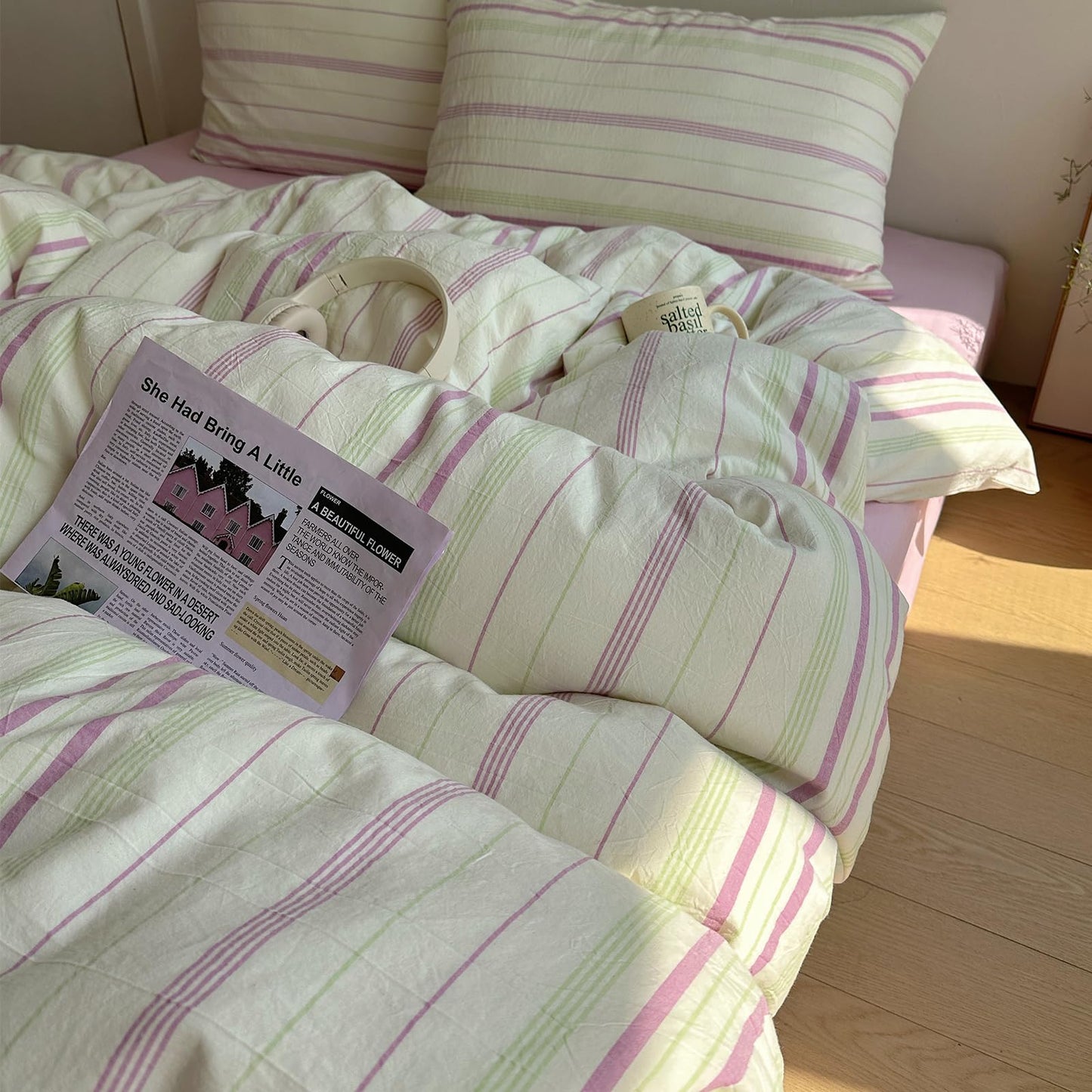 EAVD Retro Striped Duvet Cover Queen Size Soft 100% Cotton Green Purple Vertical Stripes Pattern Bedding Set with 2 Pillowcases Reversible Farmhouse Geometric Pattern Duvet Cover with Zipper