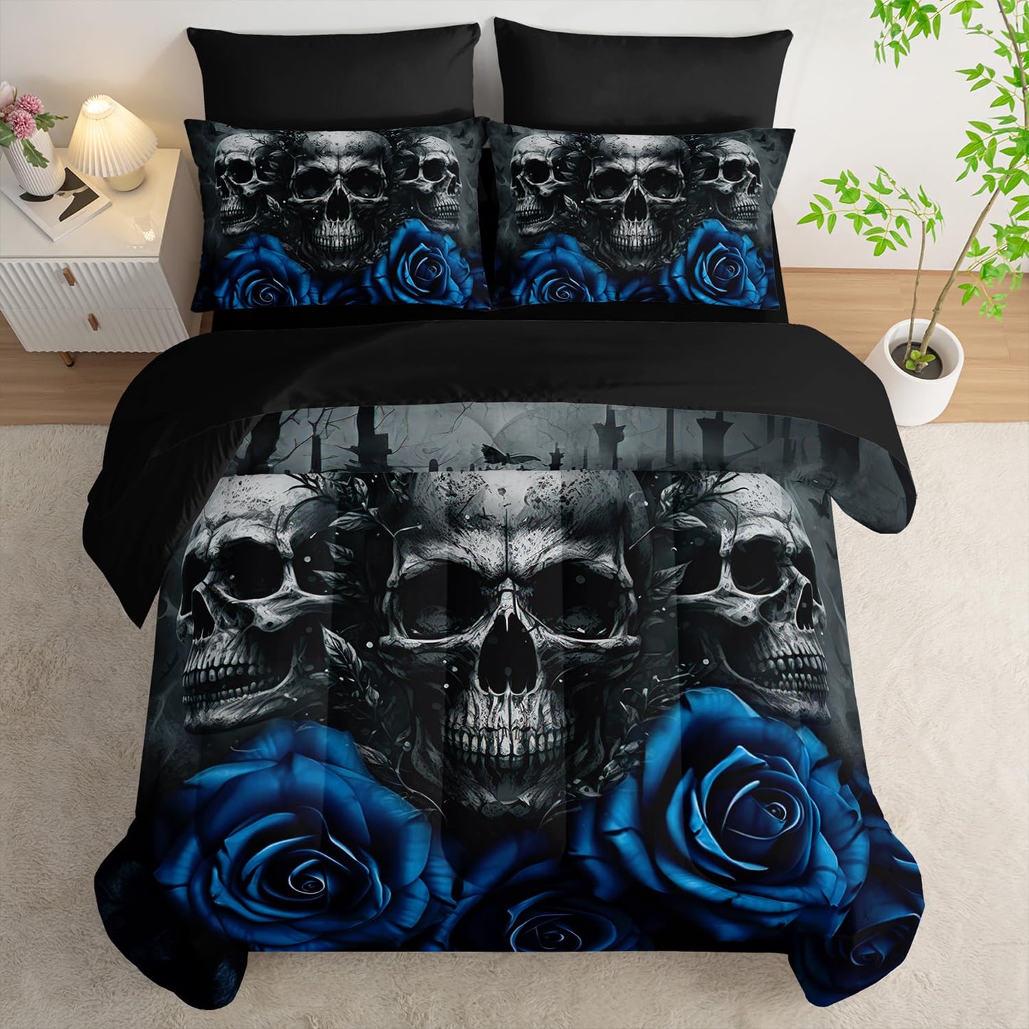 Tuzaovy Black Skull Comforter Set 7 Piece Twin Size Bed in A Bag,Goth Bedding for Room Decor,Soft Western Comforter Boho Hippie Bedding with Fitted Sheet,Flat Sheet, Pillowcases & Shams
