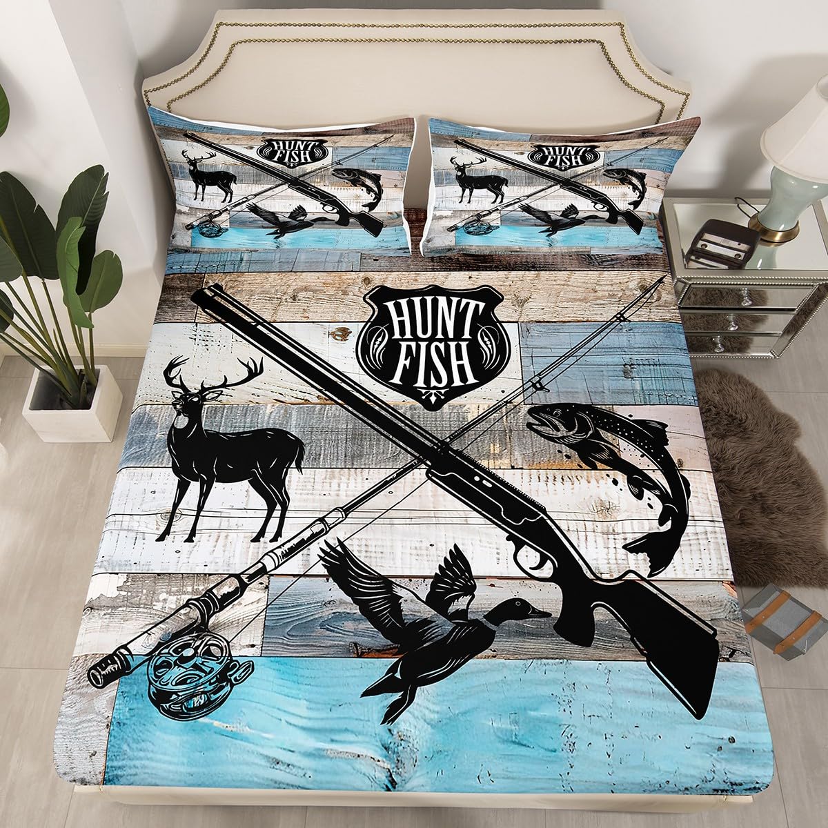 Castle Fairy Hunt Fish Fitted Sheet Full Size 4pcs,Deer Bird Fish Animal Hunting,Bedding Sets(1 Fitted, 1 Flat, 2 Pillowcases) Rustic Retro Wooden Board Luxury Deep Pocket Bed Sheet Set, Polyester