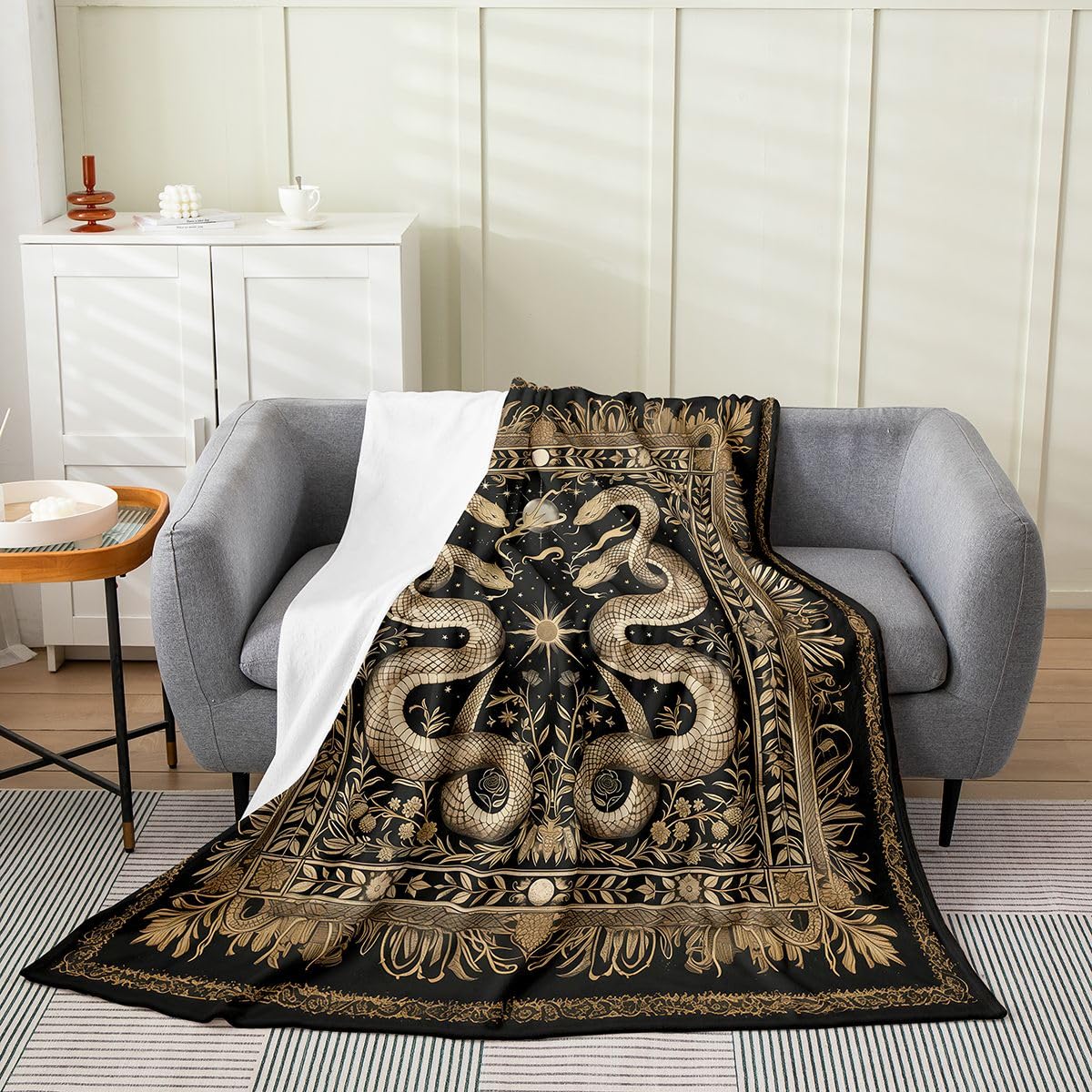 Feelyou Snakes Plush Throw Blanket Halloween Themed Flannel Blanket 40"x50" Trick or Treat All Season Graveyard for Couch Bed Sofa Light Yellow Black Bedroom Decor