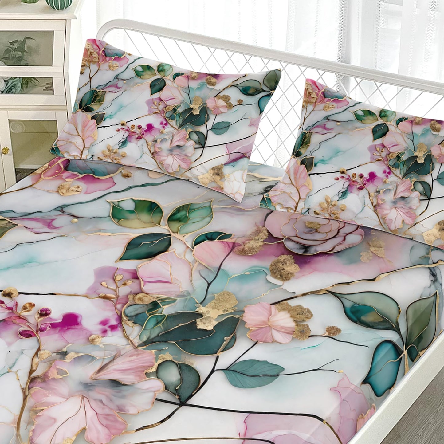 AILONEN Flower Fitted Sheet Set Queen Size, Marble Printed Watercolor Bedding Set for Kids Teens Adults,Pink and Green Bed Sheet Set,1 Fitted Sheet + 2 Pillowcases,3Pcs