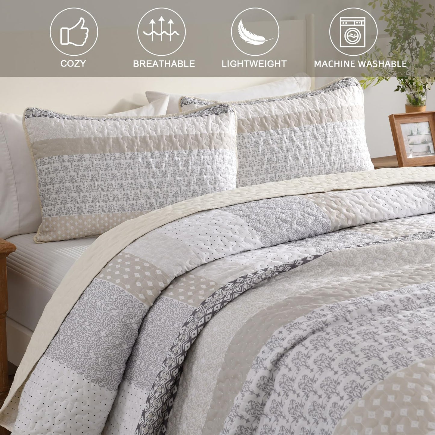 WONGS BEDDING Beige Quilt King Size, Bohemian Stripe Quilt Sets 3 Pieces Boho Quilted Bedspread Set Lightweight Microfiber Coverlet Bedding Set All Season (104"x90")