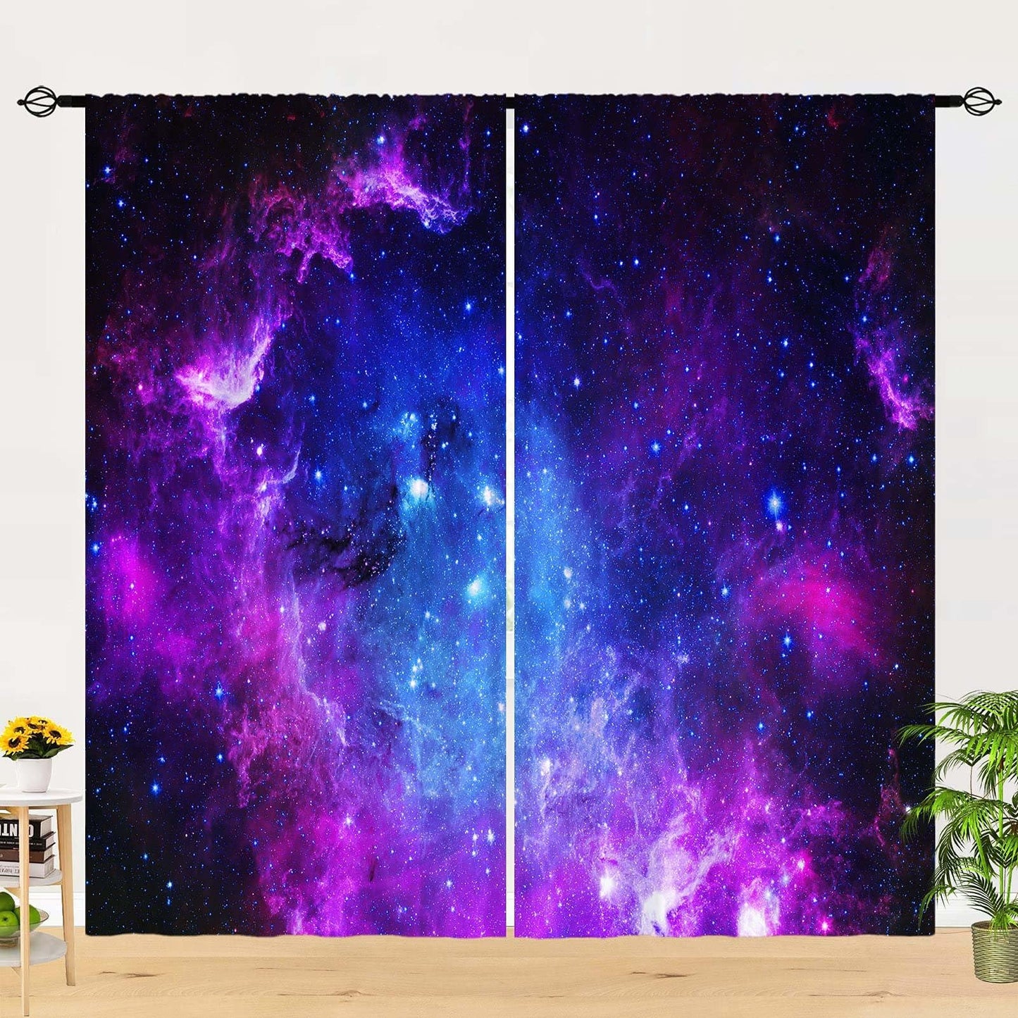 YUANZU Galaxy Curtains W42 x L63 Inch Outer Space Kids Space Purple Pink Blue Nebula Universe Starry Stars Rod Pocket Print Pattern Window Drapes for Boys Girls Teen Bedroom Playroom 2 Panels