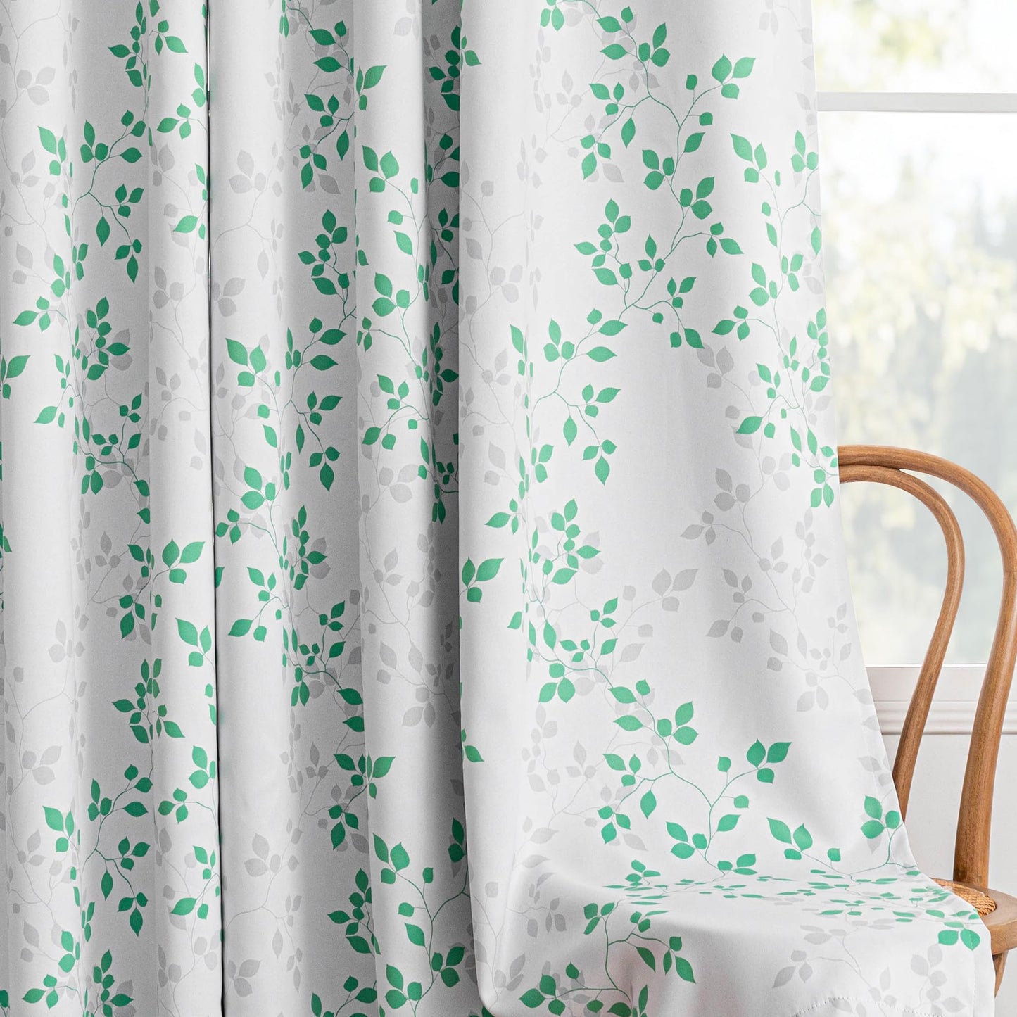 MEETSKY 95% Blackout Curtains for Bedroom, Green and Grey Leaf Curtains 84 Inches Long 2 Panels, Patterned Curtain Living Room Thermal Insulated Room Darkening Grommet Drapes, Each Panel 52" W