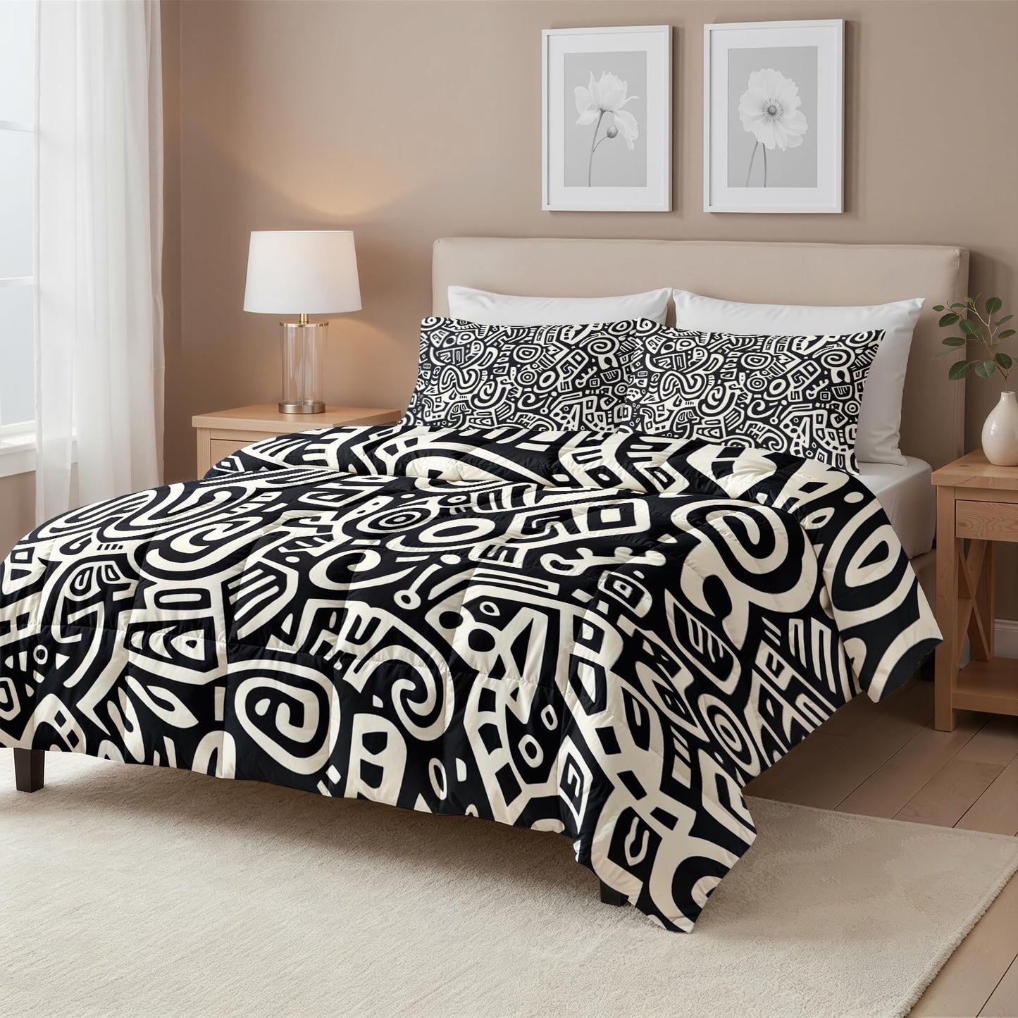 Abstract Art Comforter Set Queen Size 3 Pcs - All Season Comforter & 2 Pillowcases, Black and White Bedding Set, Soft Lightweight Down Alternative Duvet Insert, Tribal Graffiti Bedroom Decor