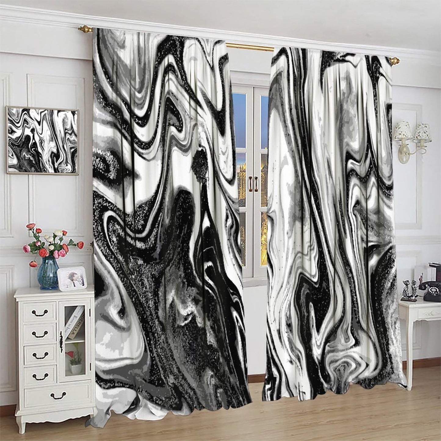 Kurtect Marble Blackout Curtain,Black and White Abstract Aesthetic Print Watercolor Window Curtains for Bedroom Cafe Dining Room Office Living Room Kitchen Drapes,42x45 in