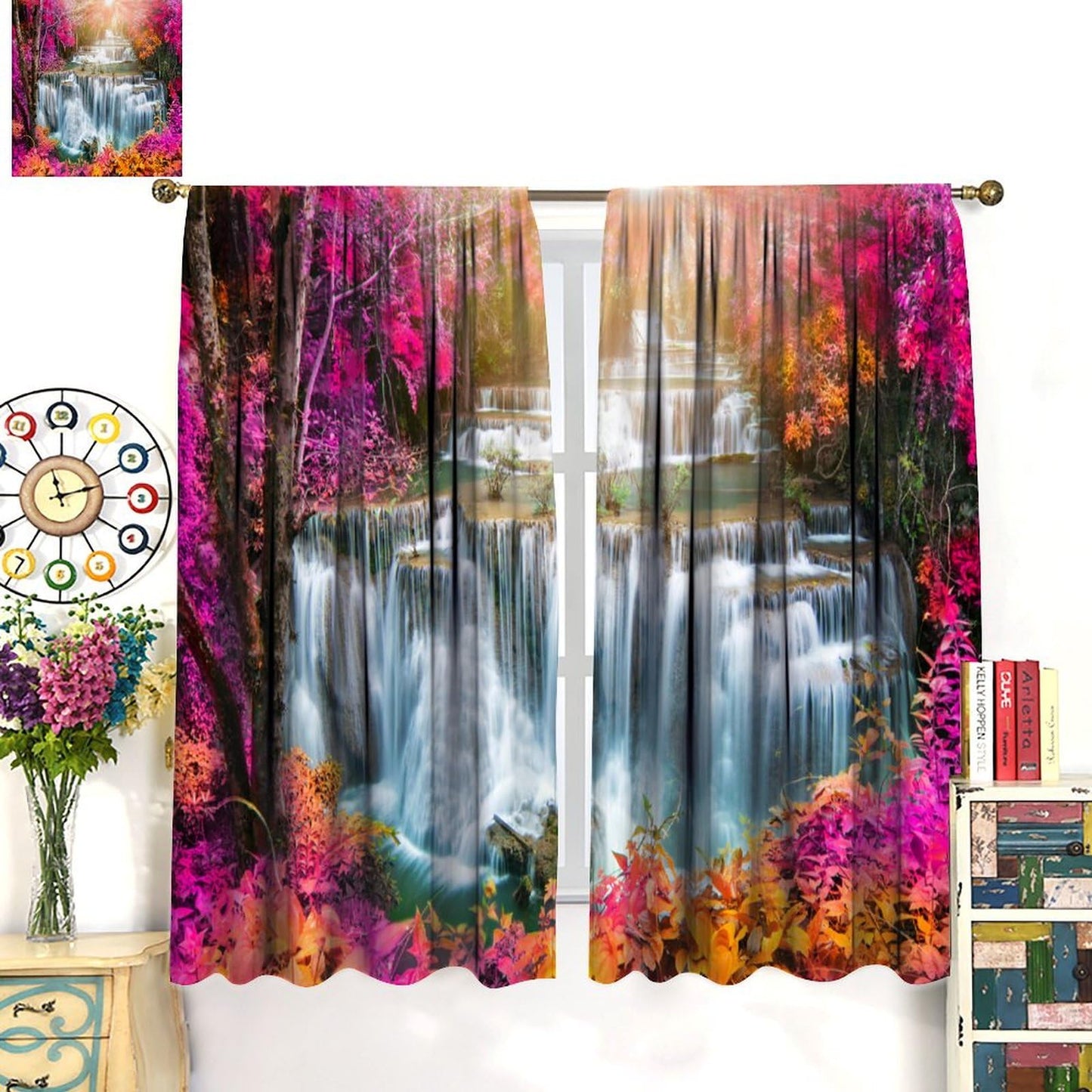Focusbrite Waterfall Curtains，Spring Nature Theme Pink Floral Forest Landscape Scenery Pattern Waterproof Fabric Rod Pocket Window Drapes for Bedroom Living Room Cafe Set 2 Panels,42x45 Inches