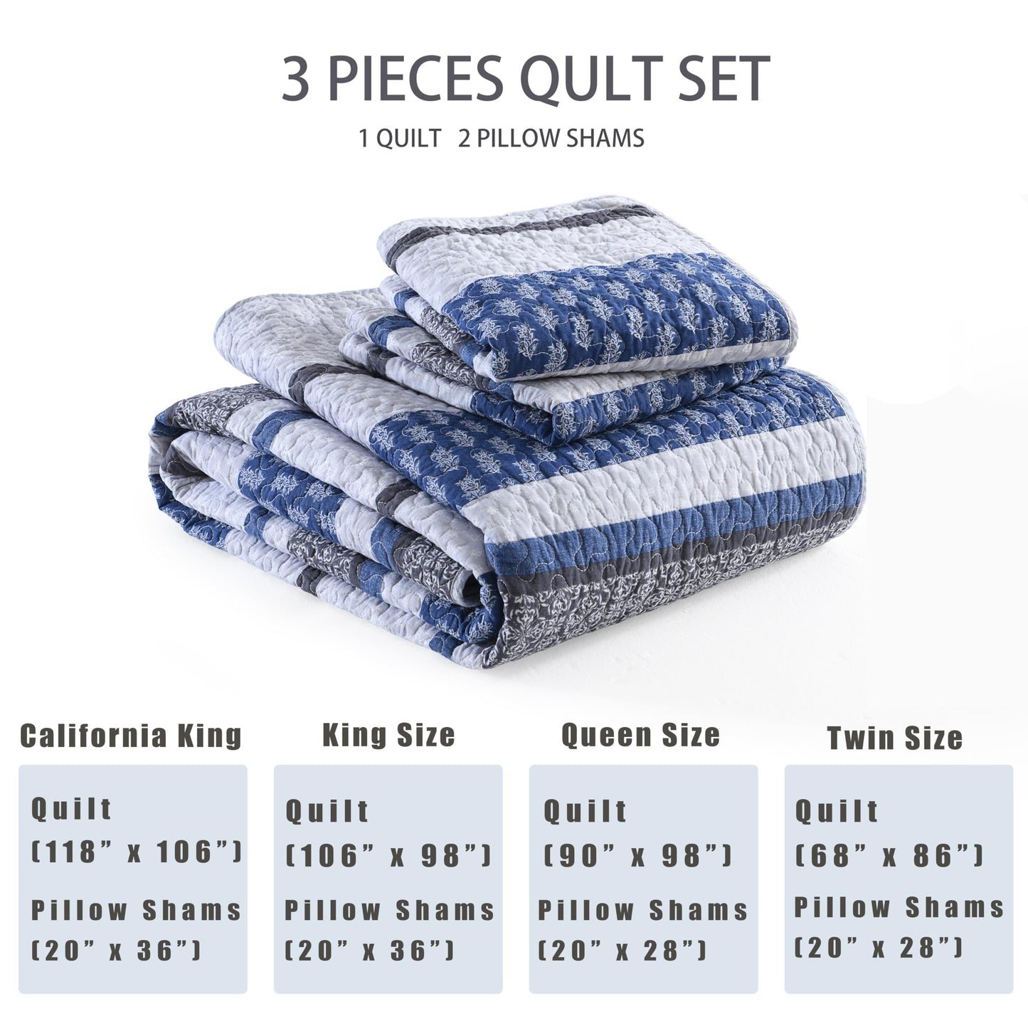 Homzard Quilt Bedding Set King Size,100% Cotton King Size Comforter Set,Gray Blue Quilts Bedspread for The Bed, Striped Farmhouse Lightweight Bedding (106 * 98 Inch) and 2 Pillow Shams All Season