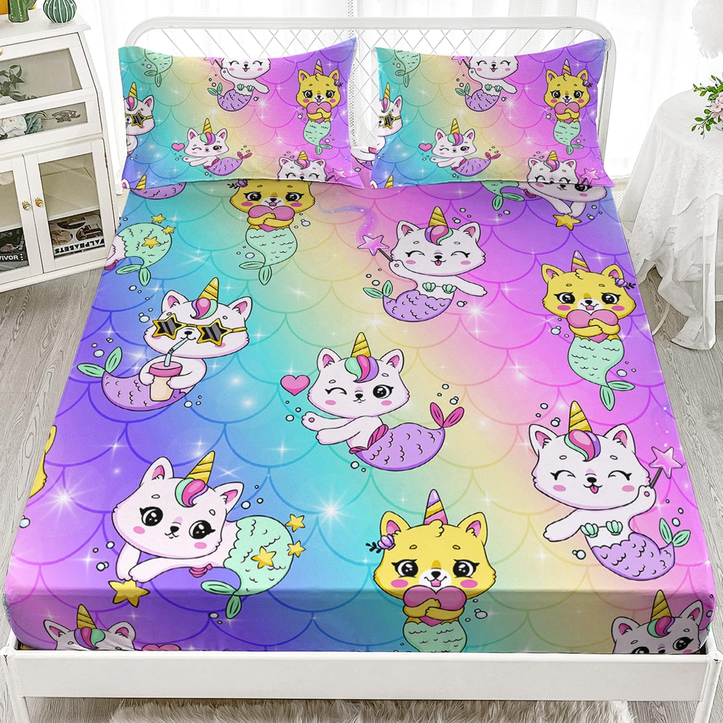 Axolotl Kawaii Unicorn Cat Sheets Set Twin,Rainbow Cartoon Cat Sheets Set,Mermaid Scales Bedding Set for Girls,Cats Bed Set,1 Flat Sheet 1 Fitted Sheet 2 Pillowcases,Pink Blue