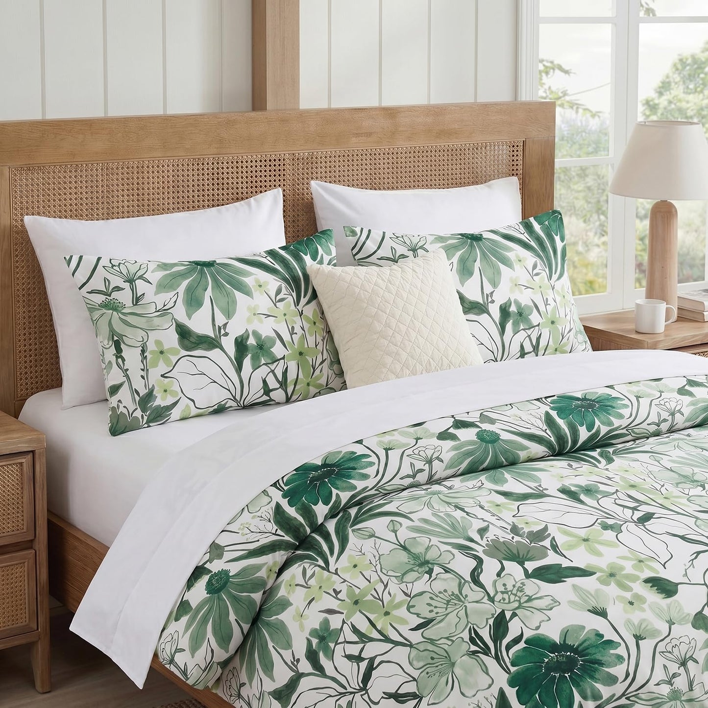 MOVE OVER Green Floral Duvet Cover Queen Size, 100% Cotton Duvet Cover Set with Zipper Closure & Corner Ties, Soft Breathable Line Art Botanical Duvet Cover Set for All Seasons