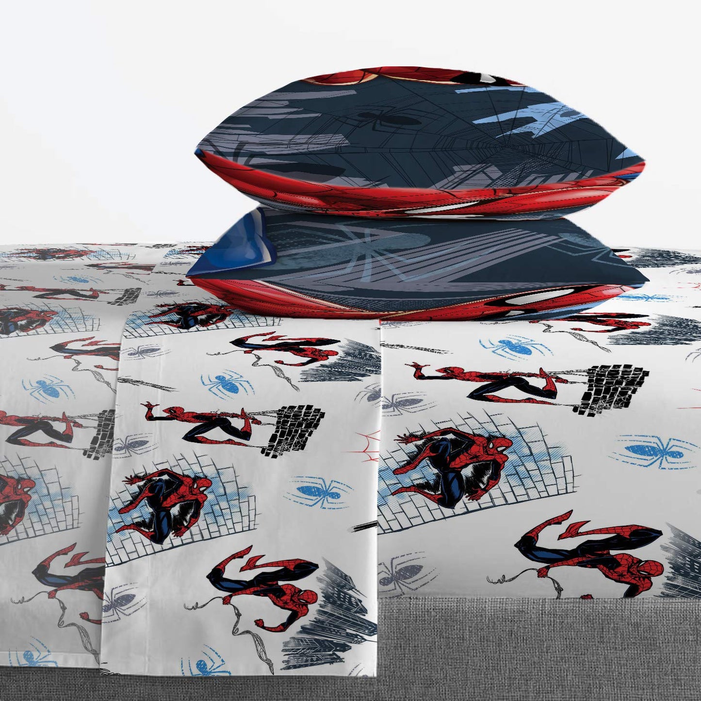 Jay Franco Kids Sheet Set with Fitted, Flat Sheets & Pillow Cover - Ultra-Soft Bedding with Pillowcase for Room Decor, White - Spiderman, 4 Piece Queen
