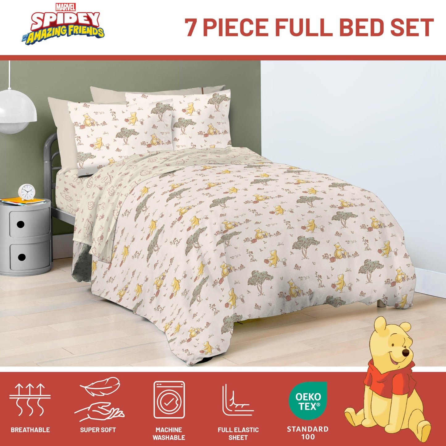 Jay Franco Kids Bed Set, Beige, Winnie The Pooh, 7 Piece Full