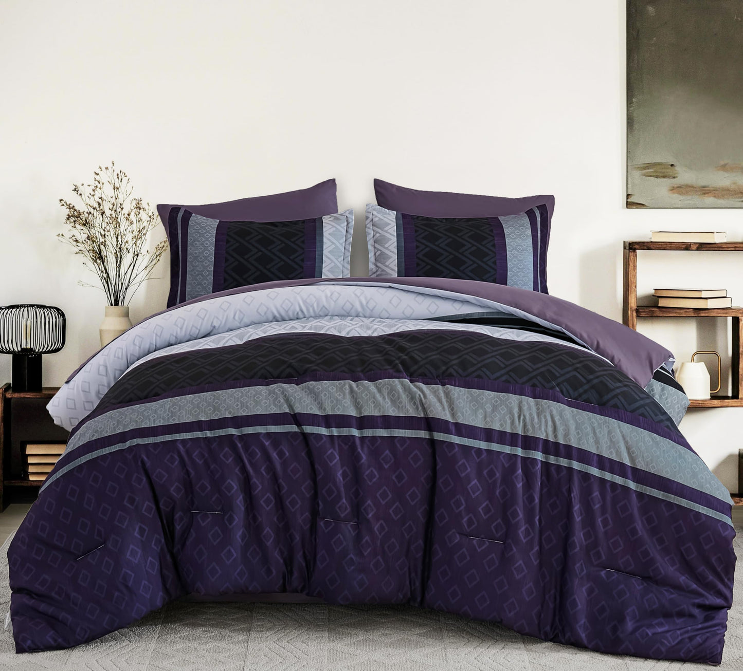 Cottolester Queen Comforter Set 7 Pieces,Black Purple Boho Striped Bed in a Bag,Soft Microfiber Complete Bedding Sets