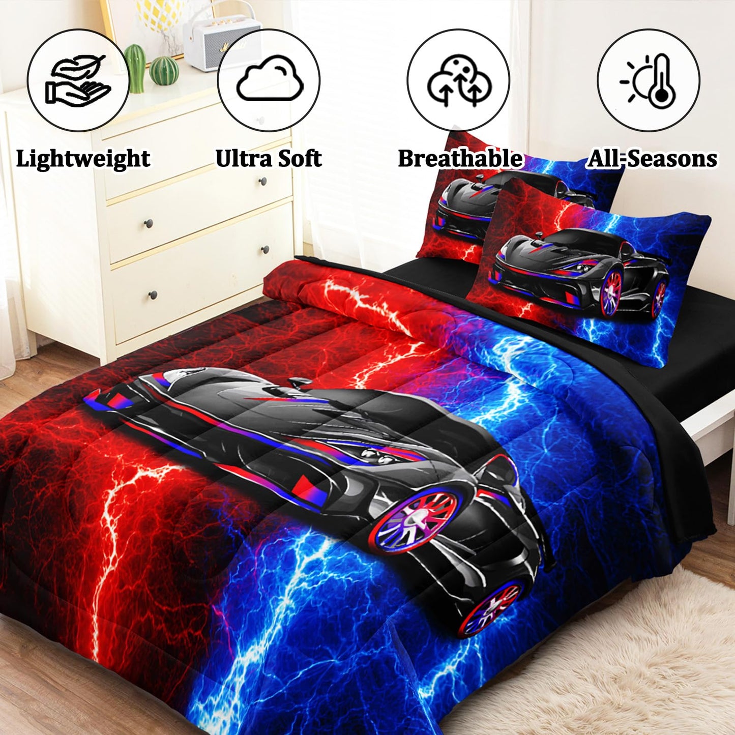 BERTSUCA 5 Pcs Car Comforter Sets for Boys, Cool Red Blue Lightnings Bed in A Bag Full Size Car Bedding Set for Boys Kids