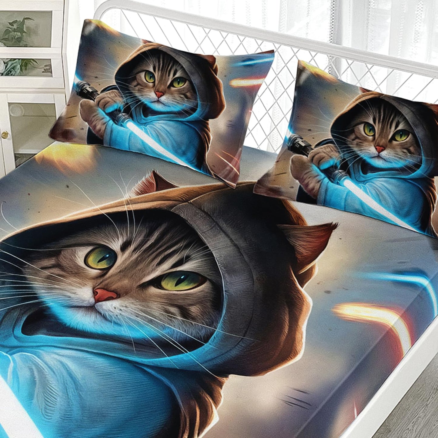 AILONEN 3D Cat Fitted Sheet Set Twin Size, Funny Swordsman Kitten for Kids,Boys,Kawaii Kitten Animal Bed Sheet Set,3-Pieces,1 Sheet Set with 2 Pillowcases,Breathable