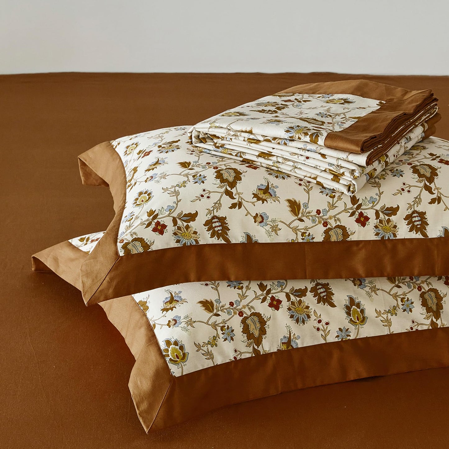 YuHeGuoJi Burnt Orange Flower Duvet Cover Queen 100% Cotton 3 Pcs Set 1 Caramel Botanical Duvet Cover with Zipper Ties 2 Pillow Shams Decorative Brown Beige Floral Paisley Wide Trim Bedding Set