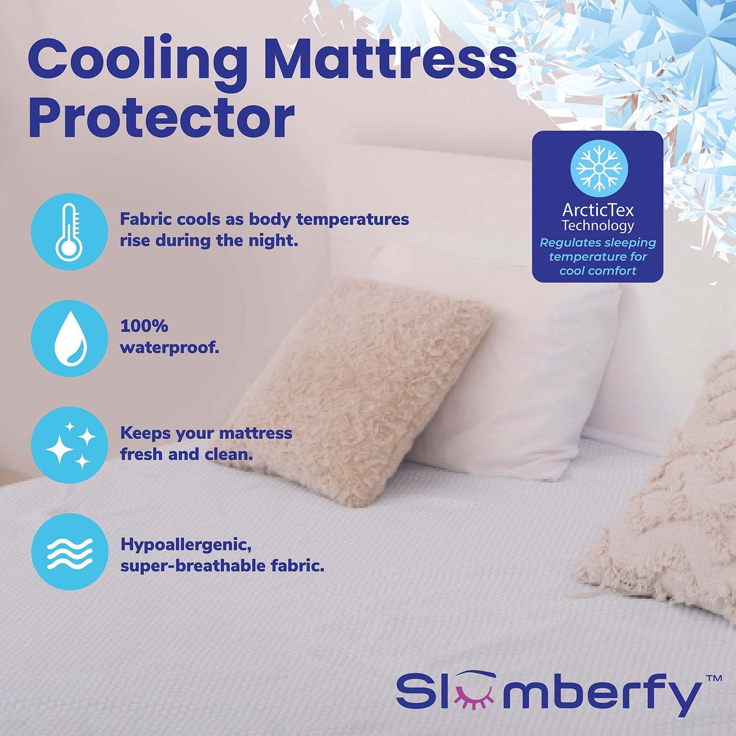 Queen Size Waterproof Cooling Mattress Protector by Slumberfy - Premium Skin-Safe Cover, Natural Fabric with ArcticTex Technology, Noiseless Quilted Mattress Cover – 60x80 in.