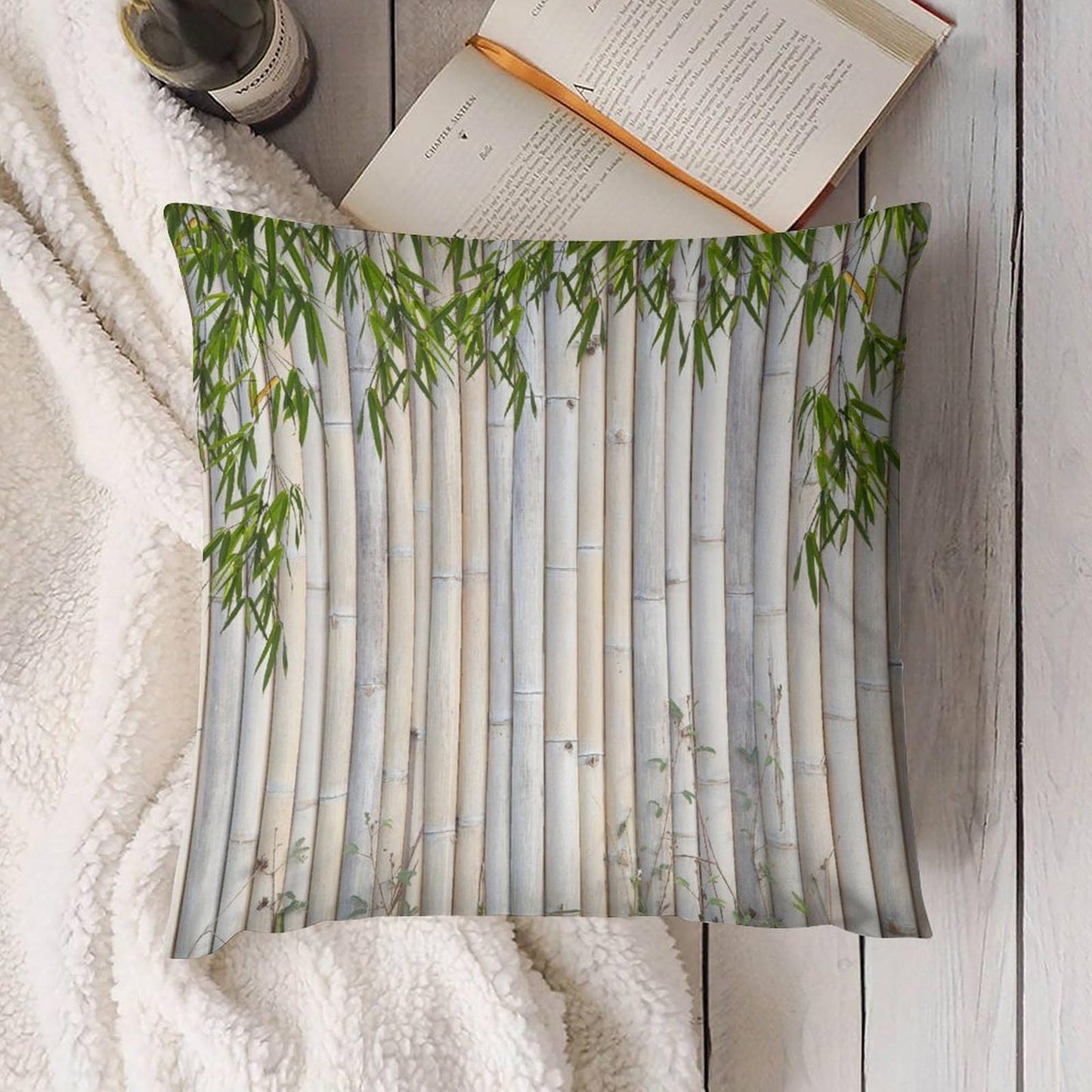 Bamboo Pillow Covers Set of 2,Japanese Asian Plant Nature Beige Brown Throw Pillow Covers 16x16 Inches Cotton Square Pillow Cover Set for Couch Bed Living Room Outdoor 16 "x16