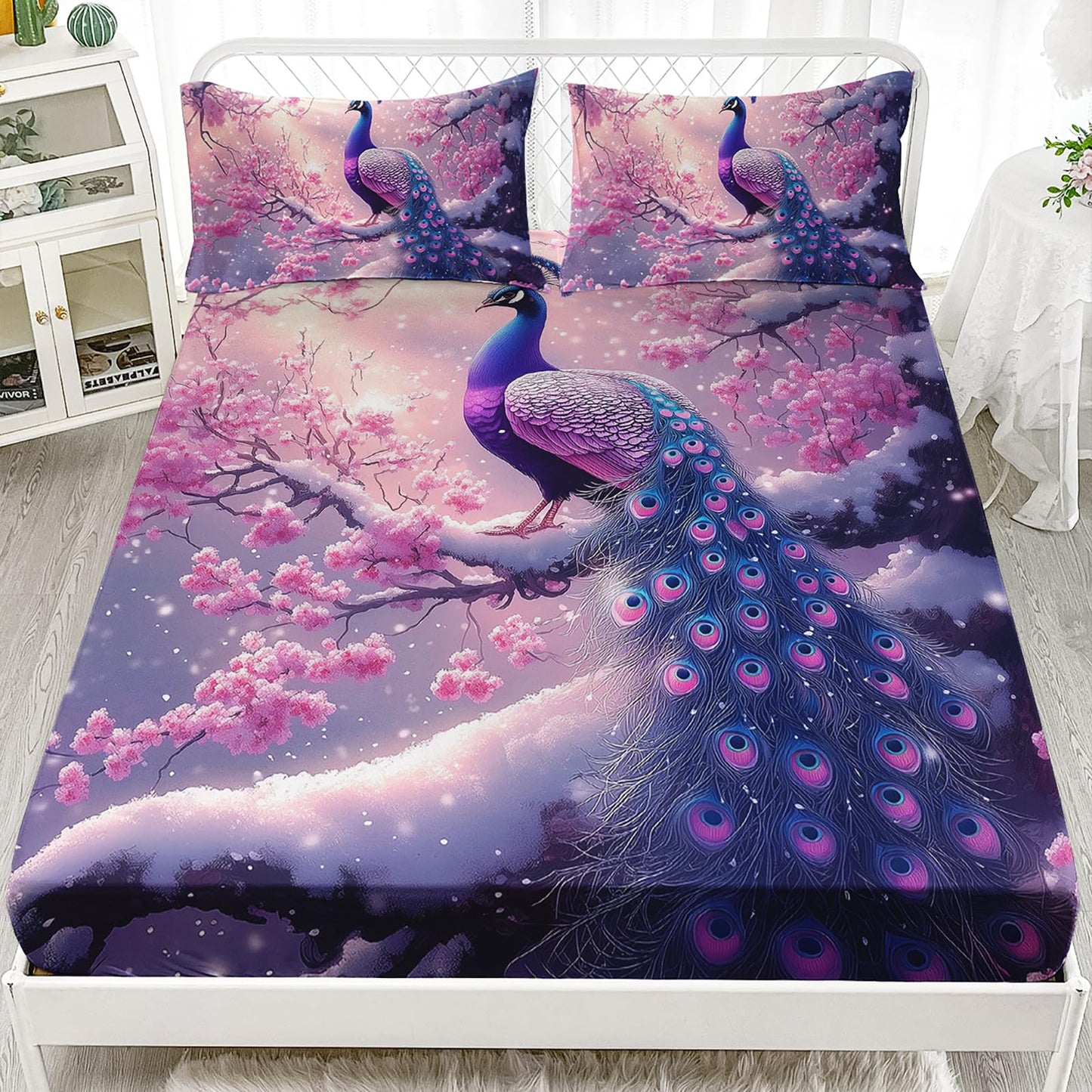 AILONEN Pink Peacock Bedding Set for Kids Girls Twin - Beautiful Floral Bird Fitted Sheet & 2 Pillowcases - 3 Pieces Elegant Animal Themed Sheet Set