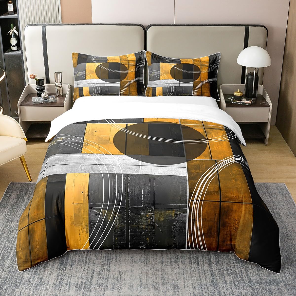 jejeloiu Olive Yellow Duvet Cover 100% Cotton King Size Kids Abstract Geometric Comforter Cover for Boys Girls Teens Modern Art Bedding Set Breathable Soft Room Decor