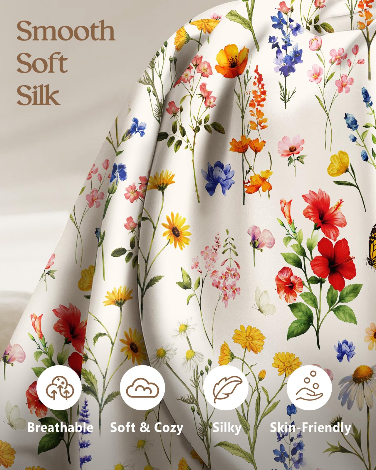 Miss Adola 2 Pack Mulberry Silk Pillowcase for Hair and Skin - Standard Size 20 x 26 Inches with Hidden Zipper Beige Flower 19 Momme Soft Sleeping Silk Pillow Case for Women, Moms