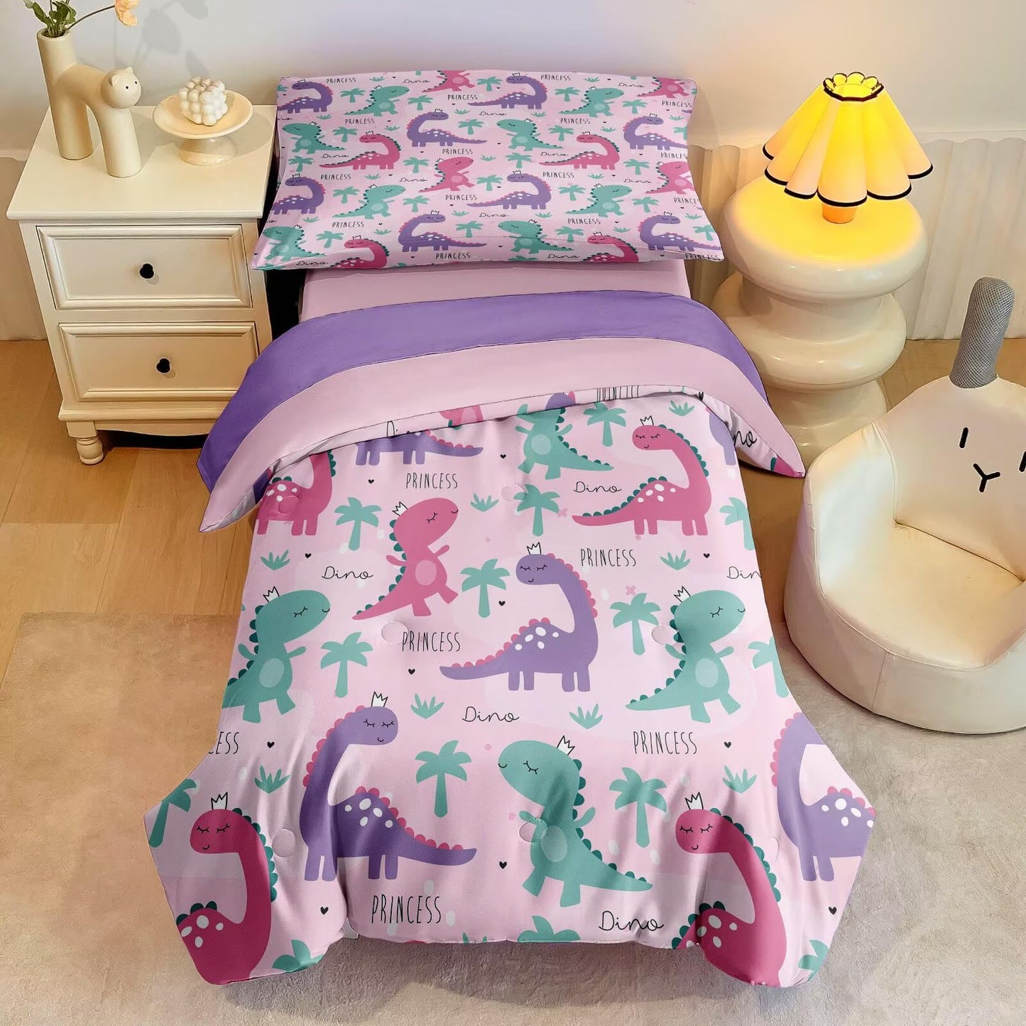 4 Piece Toddler Dinosaur Bedding Set for Girls,Pink Dino Toddler Comforter Sets Soft Bed Set Include Comforter,Fitted Sheet, Flat Top Sheet and Pillowcase,Bed in A Bag for Bedroom