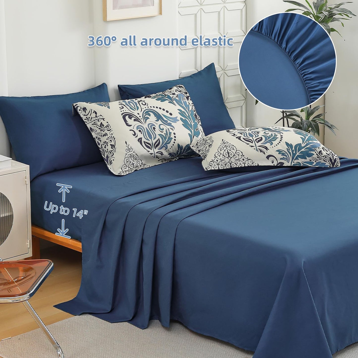 Anibedding Blue Comforter Set King Size, 7 Pieces Bohemian Damask Comforter Set Soft Lightweight Microfiber Bedding Set for All Season (104"x90")