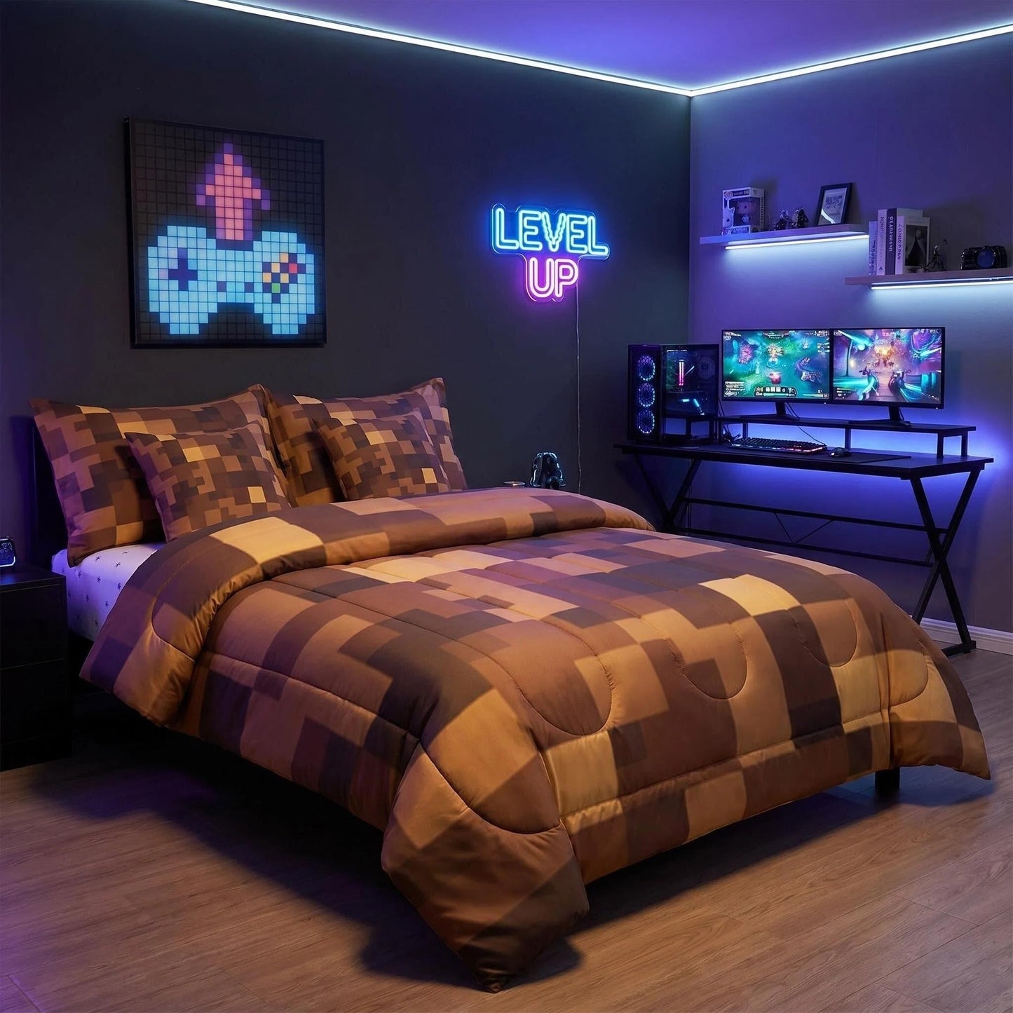 Feelyou Pixel Theme Comforter Set with Sheets 7 Piece Twin Size Geometric Square Bed in a Bag Kids Boys Girls Gamer Bedding Set Mosaic Bedroom Decor Brown Breathable Soft Lightweight Microfiber