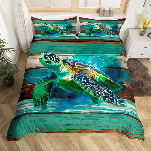 Sea Turtle Duvet Cover Set Queen Size, Marine Animal Theme Comforter Cover with 2 Pillowcases, Vintage Blue Grey Wood Plank Bedding Set for Kids Boys Girl Rustic Farmhouse Bedspread Cover,No Comforter