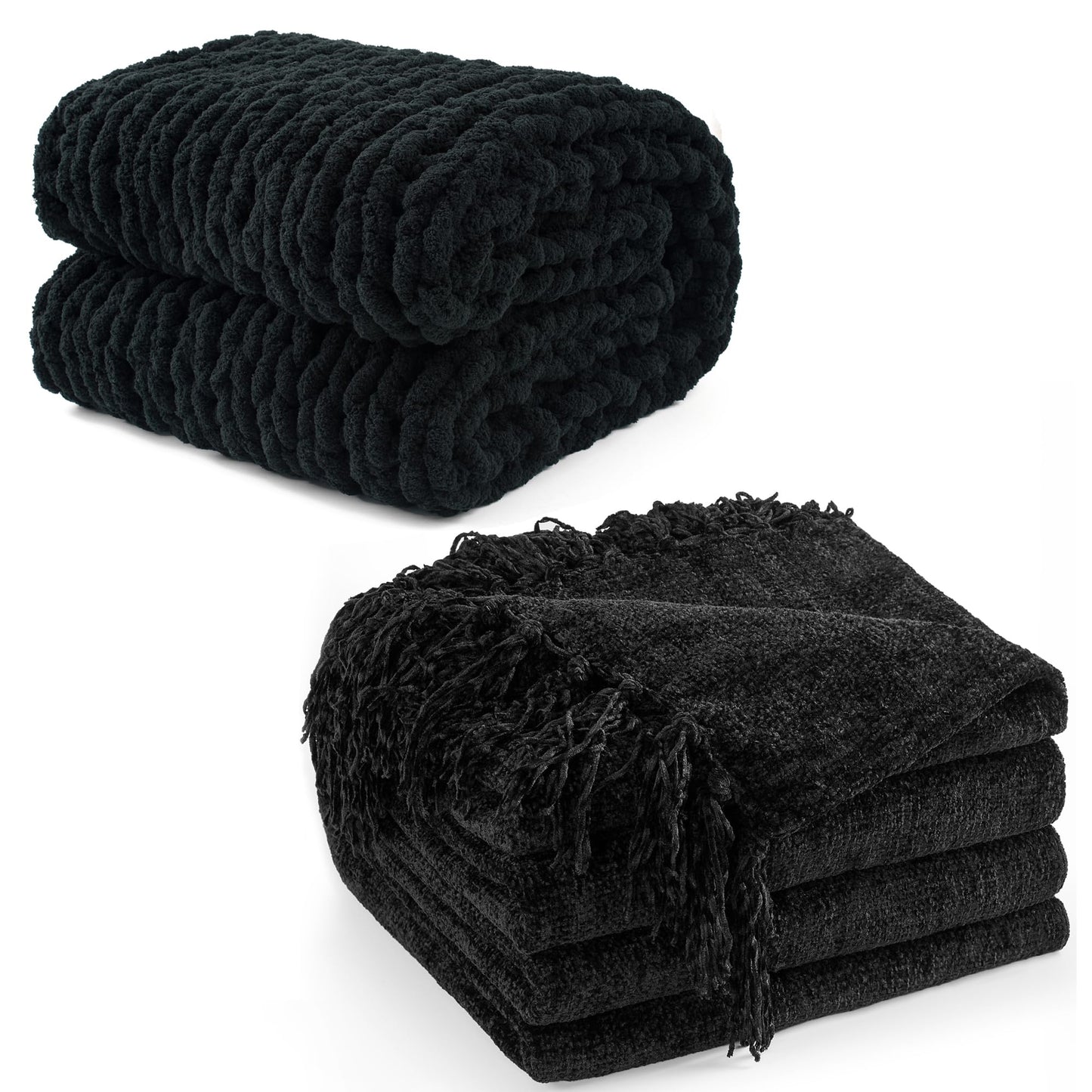 LONG CREATE Chunky Knit Throw Blanket Bundle Chenille Throw Blanket， 50"X 60" Black