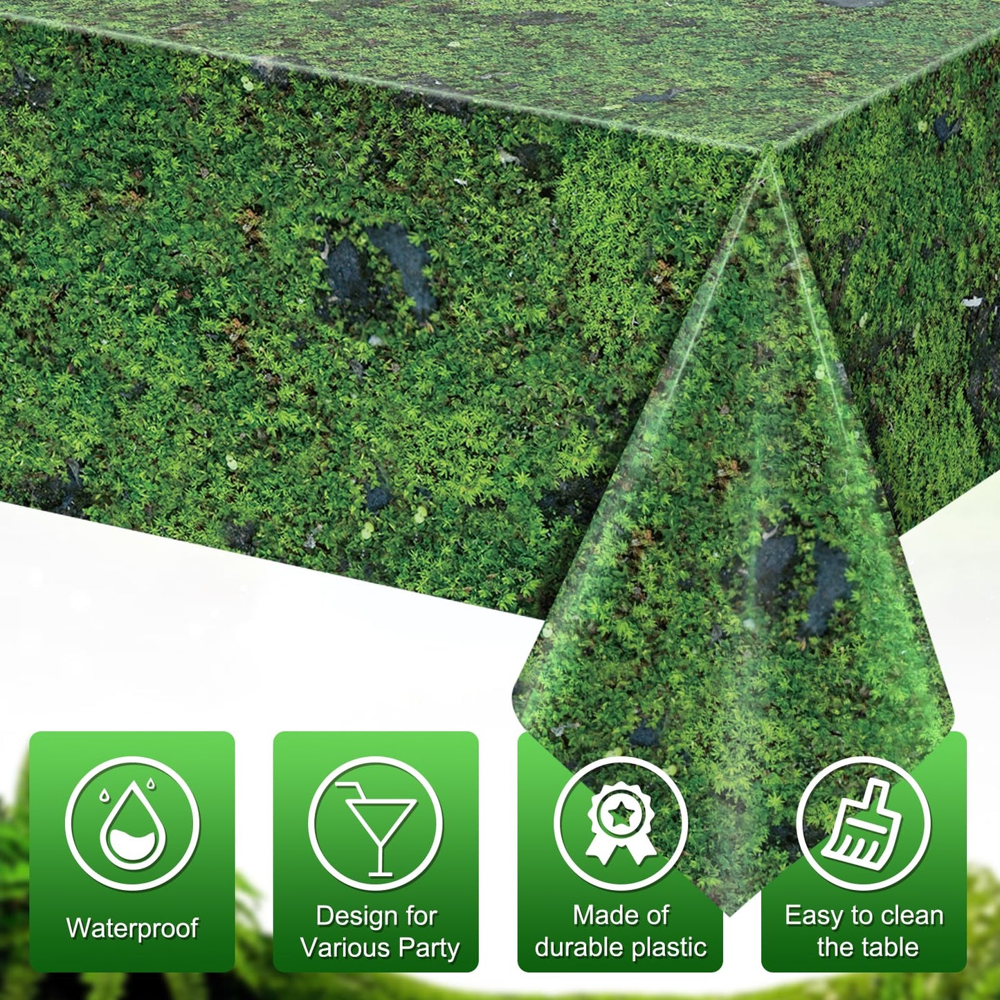 YIDAKO 3Pcs Green Moss Plastic Tablecloths Grass Green Leaf Table Cloth Disposable Rectangle Table Cover for Soccer World Cup Nature Forest Jungle Golf Theme Party Decorations, 54 X 108inch