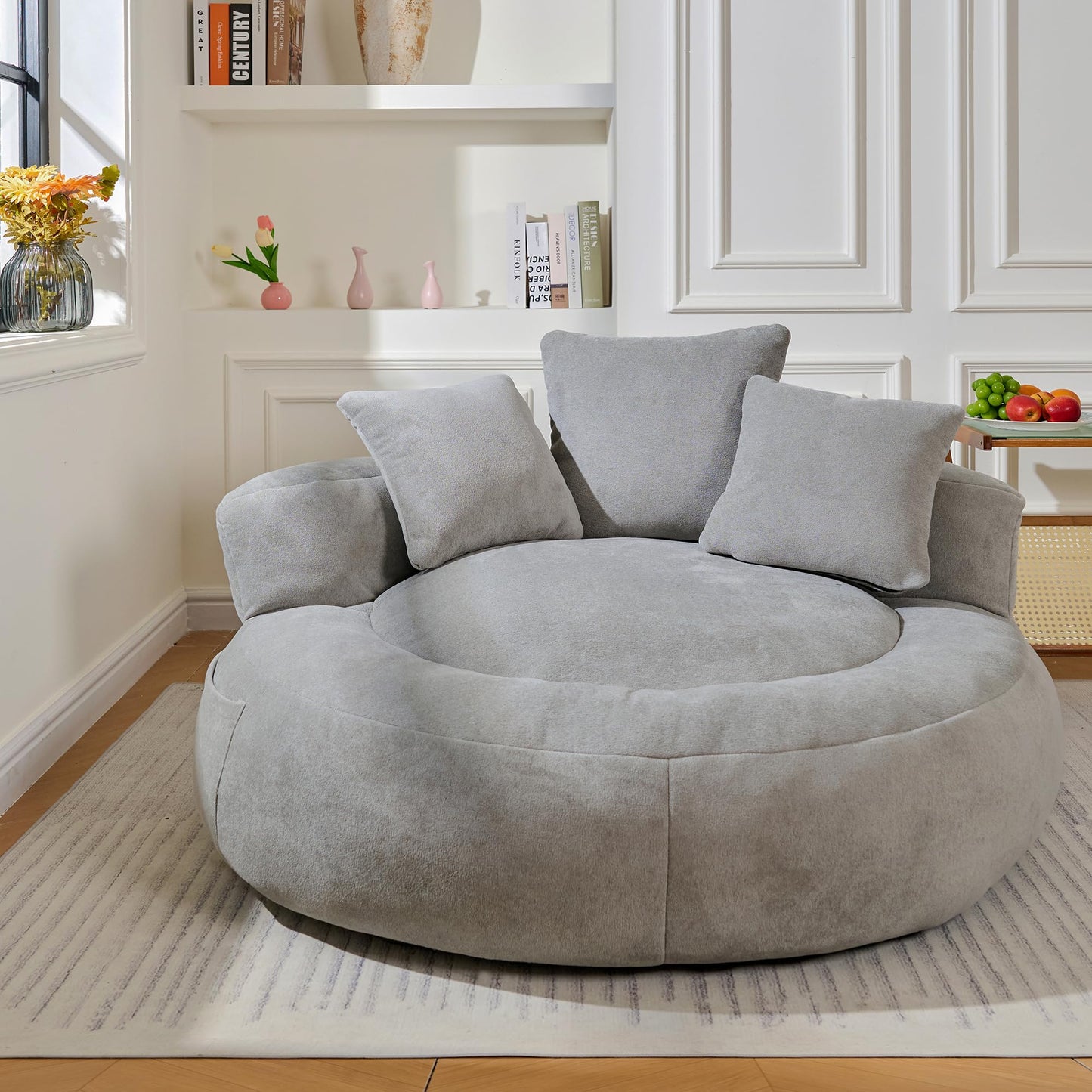 Lyon Sence Bean Bag Chair, Big Beanbag Chairs with 3 Pillows, Oversized Bean Bag Chair for Living Room, Large Beanbag Chairs for Teens Adults (Faux Fur in Light Gray, 52" D×52" W×21.2" H)