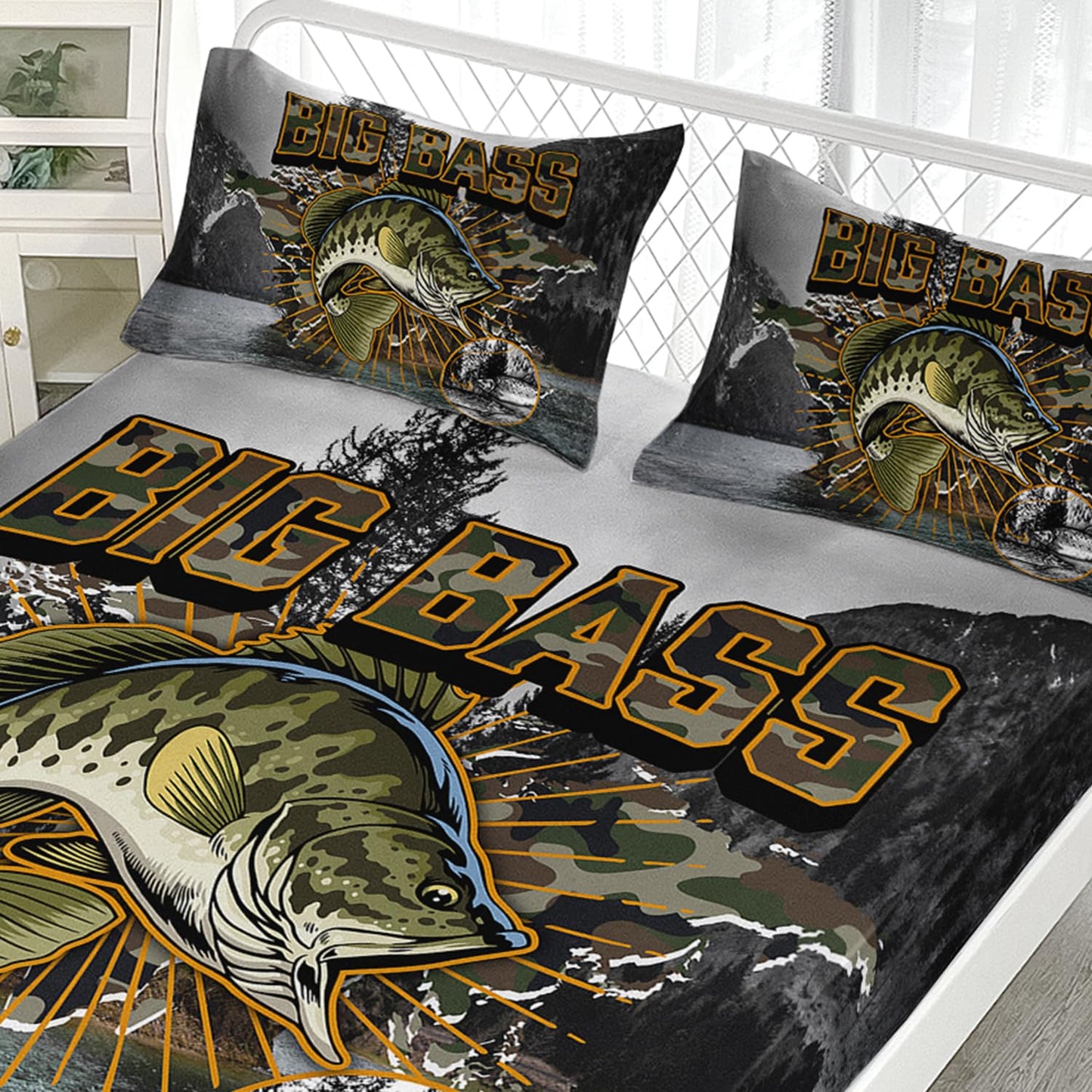 AILONEN Big Pike Fish Sheet Set,3Pcs Hunting and Fishing Pattern Bedding Sets for Kids Boys Twin XL Size,Camouflage Underwater Animals Deep Pocket,Soft Microfiber,1 Bed Sheets Set + 2 Pillowcases