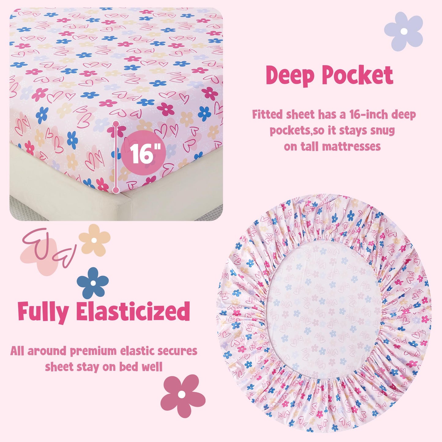 CozySmile Twin Sheet Set Kids,3 Pieces Breathable Soft Microfiber Bedsheets for Child Girls, Oeko-TEX, Anti Pilling Deep Pockets Easy Care Bed Sheets, Heart
