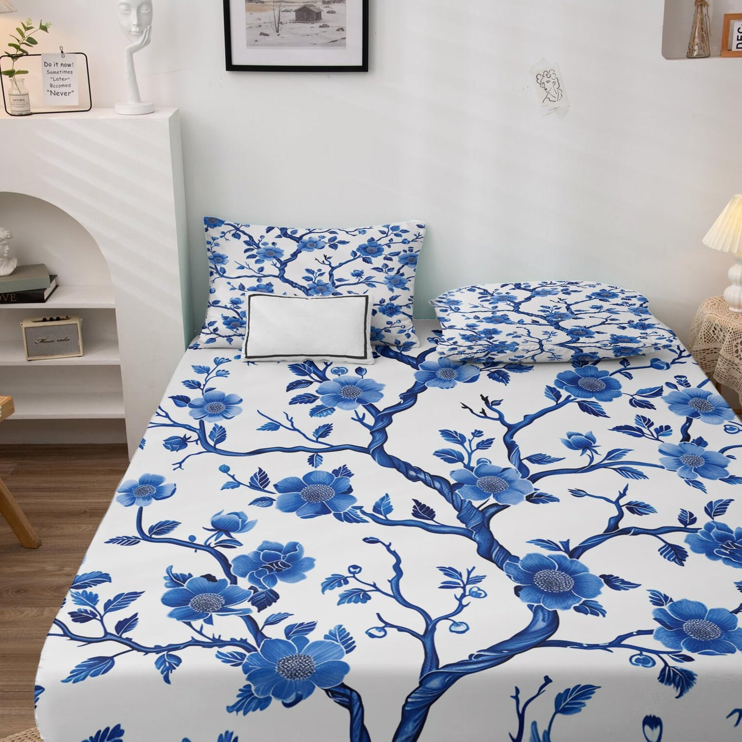 Floral Sheets Split King Size - Blue and White Porcelain Chinoiserie Bed Sheet Set - Deep Pocket Soft Microfiber Bedding Set 5 Piece - Fitted Flat Sheet Pillowcases - Floral Bedroom Decor & Gifts
