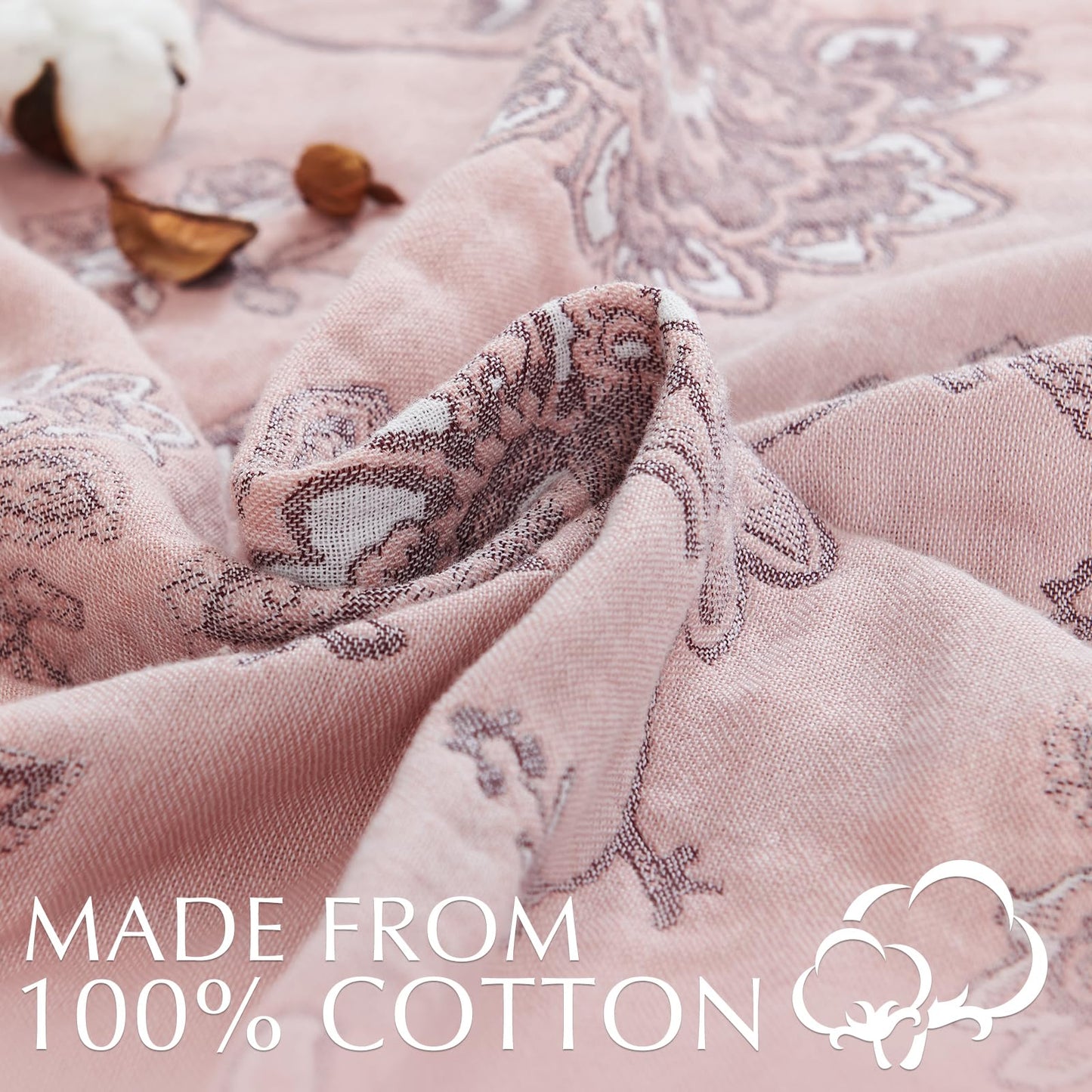 jinchan Boho 100% Cotton Muslin Twin Size 50x60 Inches Blanket Lightweight 4-Layer Quilted Soft Pink Red Floral Throw Blanket Reversible Comfy Flower Breathable All Seasons Couch Bedroom Decor