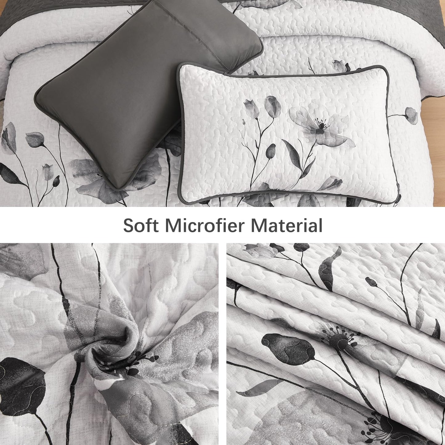 Mybedsoul Floral Quilt Set King Size, 3 Pieces Grey Bedspread Coverlet Set, Lightweight Farmhouse Botanical Bedding Set for Fall Winter All Season(104"x90")