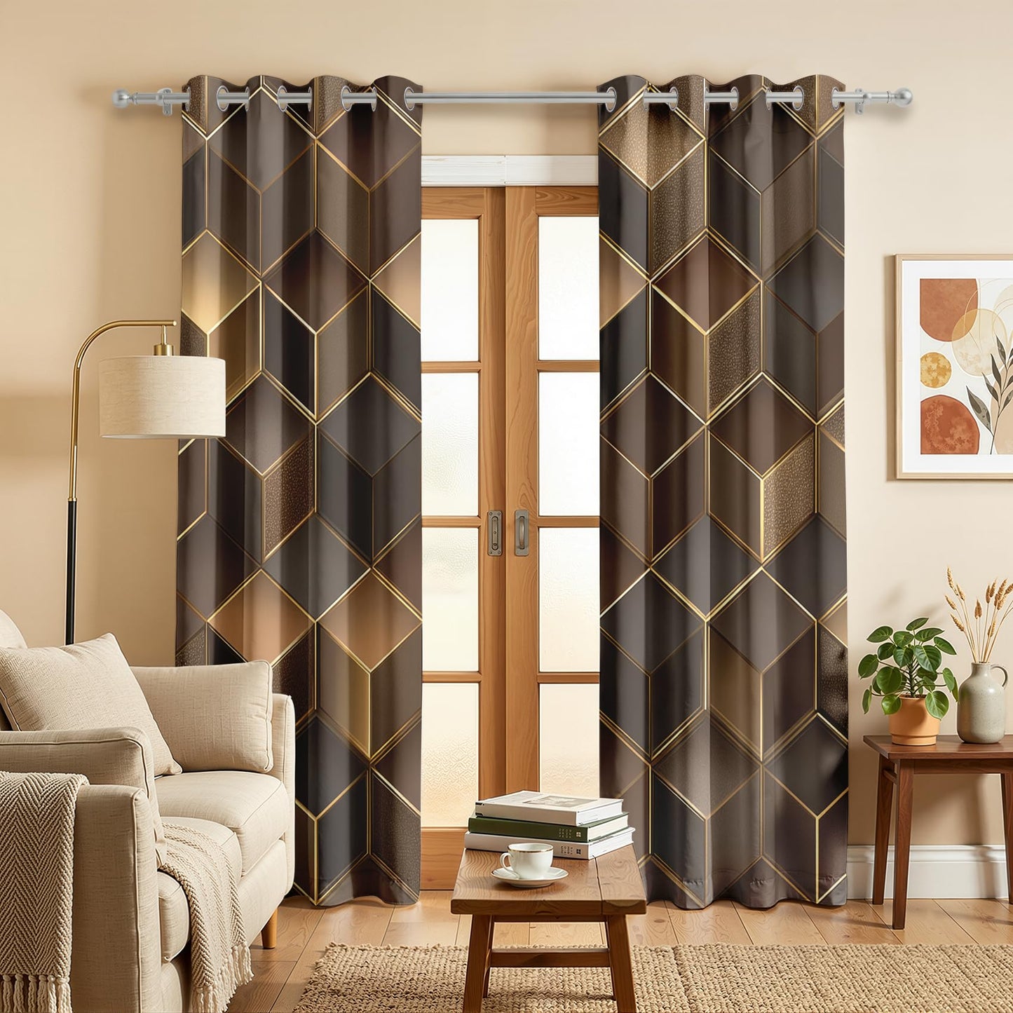 Mistwalk Brown and Gold Curtains 108 Inch Length 2 Panels Set, Patterned Blackout Curtains for Bedroom & Living Room, Room Darkening Thermal Insulated Grommet Drapes, 3D Geometric Window Treatments