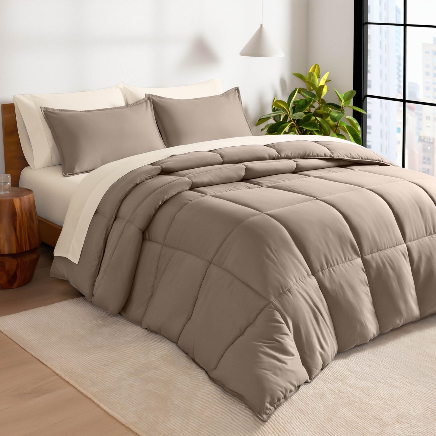 Bare Home Bed-in-A-Bag 7 Piece Comforter & Sheet Set - Queen - Goose Down Alternative - Ultra-Soft 1800 Premium - Bedding Set (Queen, Taupe/Sand)