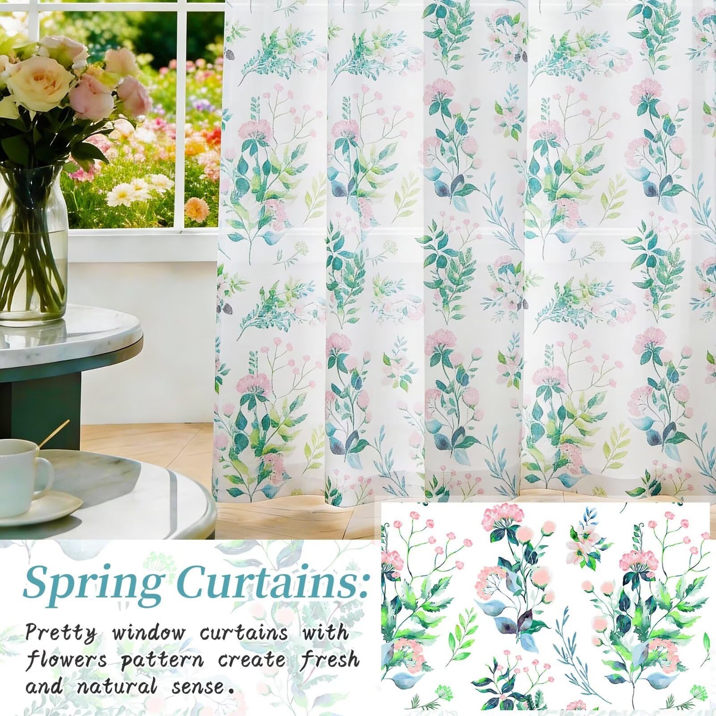 youleyar Floral Sheer Curtains for Living Room 84 Inches Long 2 Panels White Semi-Sheer Curtain with Pink Floral Printed Pattern Summer/Spring Rod Pocket Voile Drapes for Bedroom, 52" W x 84" L