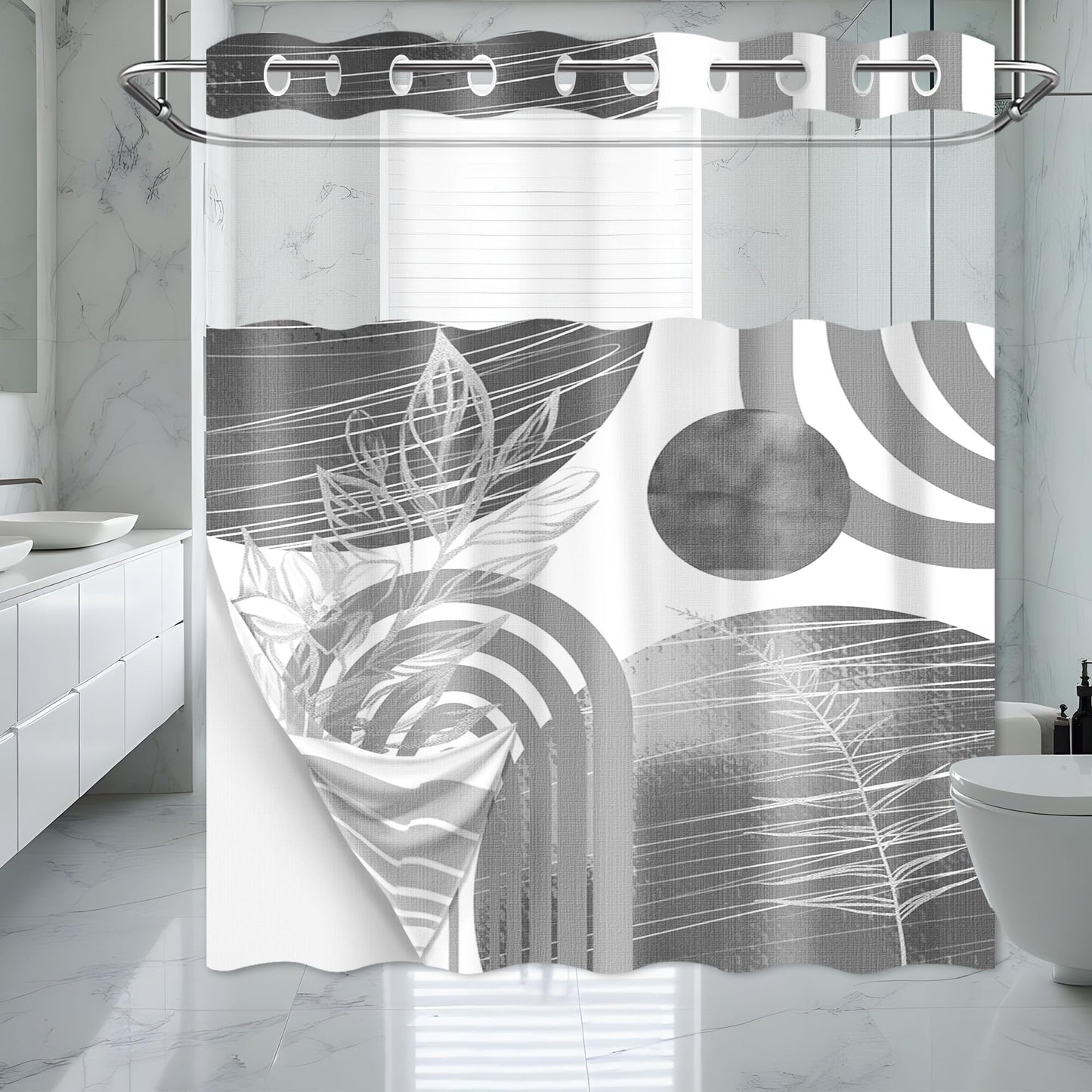 Boho Modern Hookless Shower Curtain, Black Grey White, 71" W x 74" L