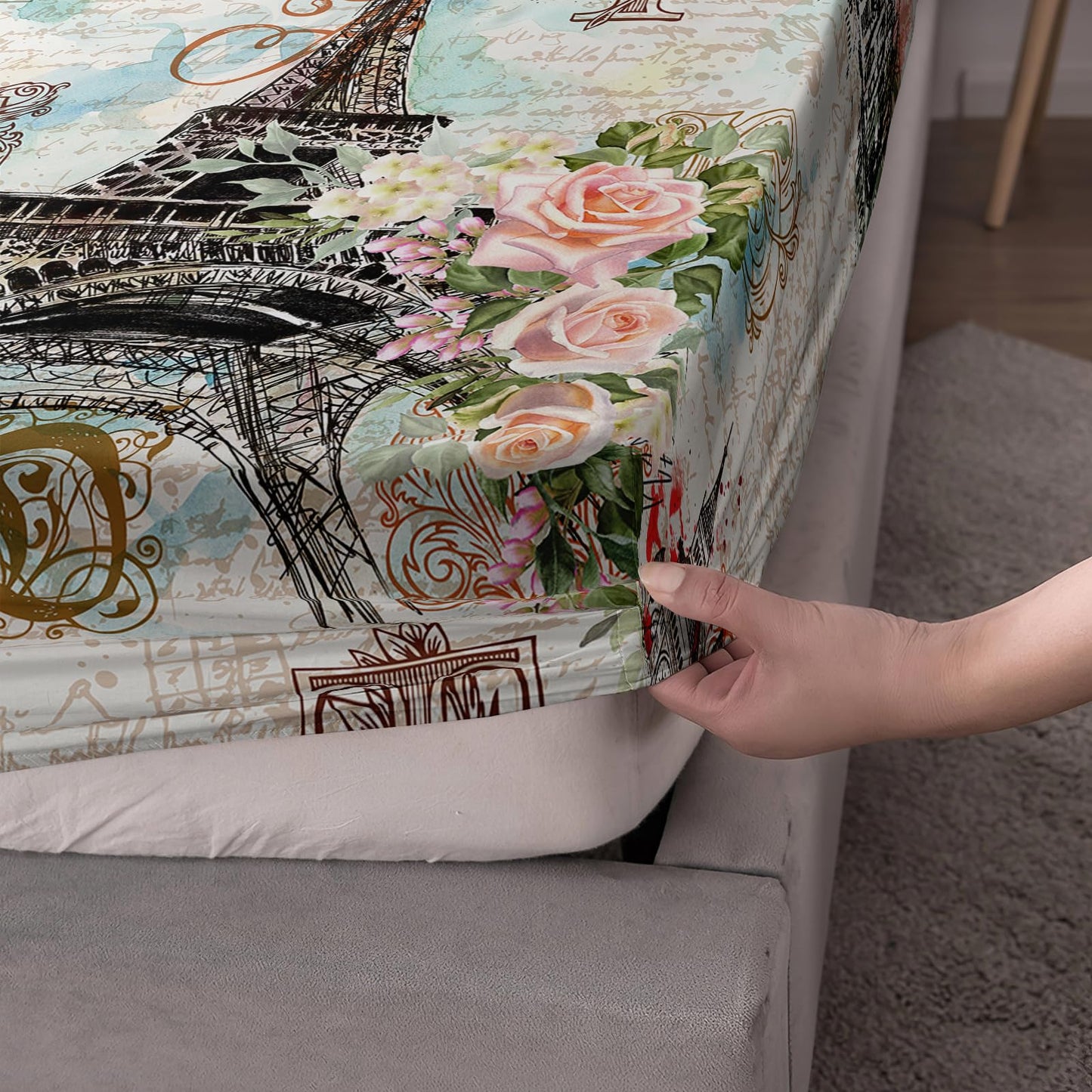 Nttopship Romantism 4 Pieces Bed Sheets Soft Microfiber,Eiffel Tower Bedding Set Fitted Sheet Deep Pockets Top Flat Sheet Room Decor Romantic Floral Queen Size with 2 Pillowcases for Girls and Boys