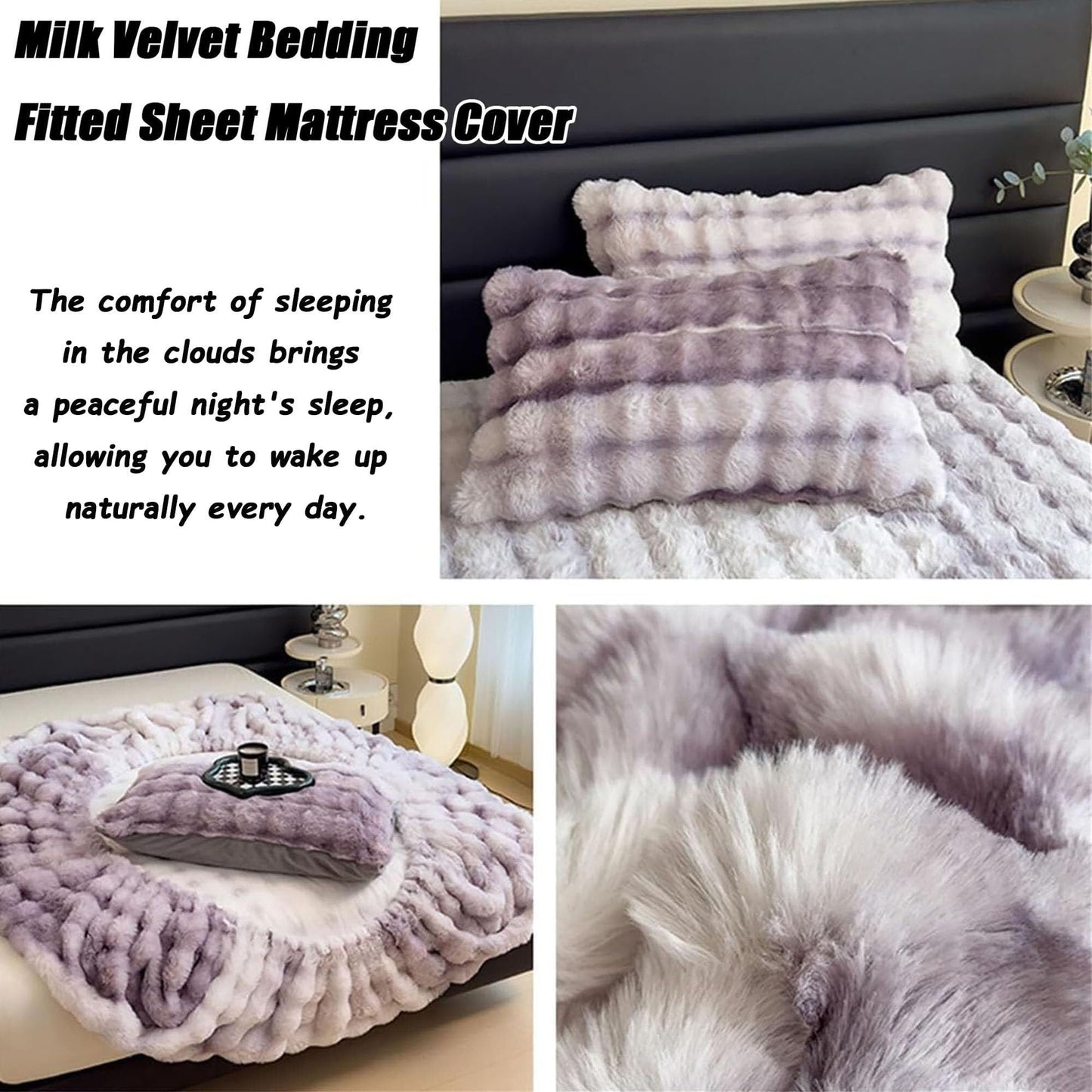 Elastic Bed Sheets, Milk Velvet Fitted Sheet, Winter Warm Mattress Cover, Faux Rabbit Fur Fitted Sheets, Fluffy Mattress Protector Bedspread, Machine Washable and Non-Fade(D,2 Pillowcases)