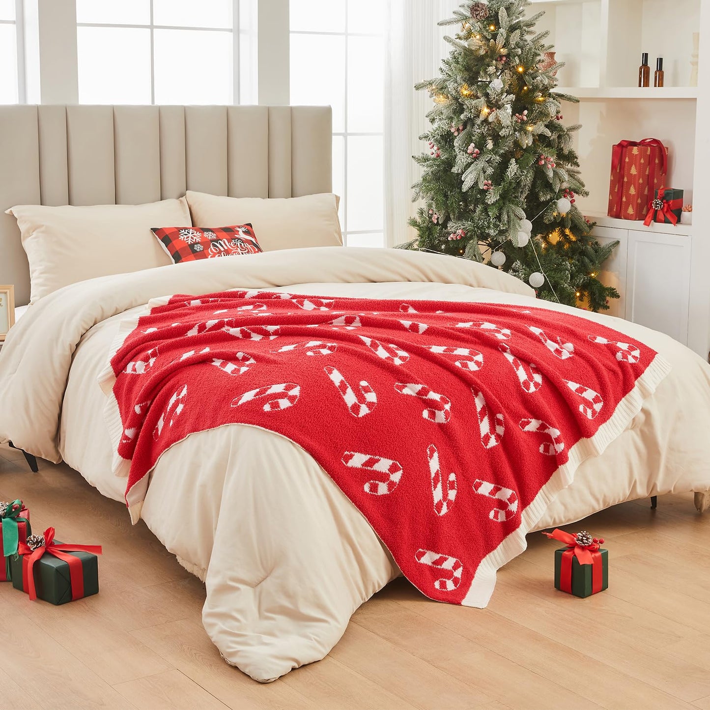 Douceur Christmas Candy Cane Throw Blanket, Ultra Soft Red Fluffy Festival Blanket, Reversible Cozy Decorative Blanket for Bed Couch Sofa, Super Soft Indoor Living Room Plush Throws, 60"X80"