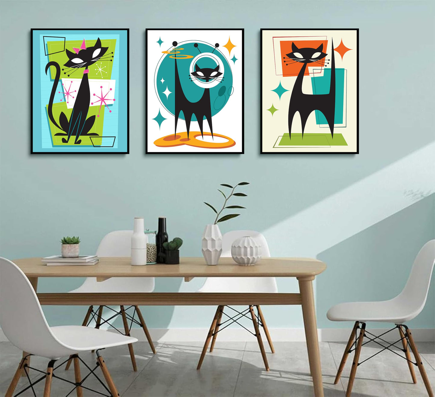 3Pcs Futuristic Atomic Cats Wall Art Canvas Set Modern Tech Inspired Posters in Blue Green Orange Abstract Geometric Paintings Pictures and Prints Gallery Wall Decor for Living Room Bedroom Unframed