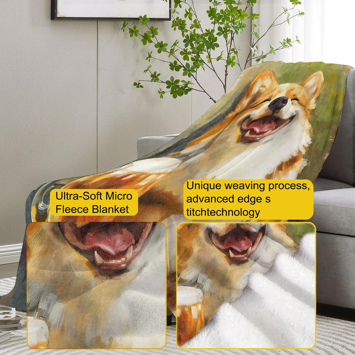 VANZEV Cute Corgi Blanket,Corgi and Beer Flannel Throw Blankets,Soft Warm Lightweight Cozy Plush Animal Throws for Bedroom Sofa Office Home Decor Gifts for Women Girls 60"x50"