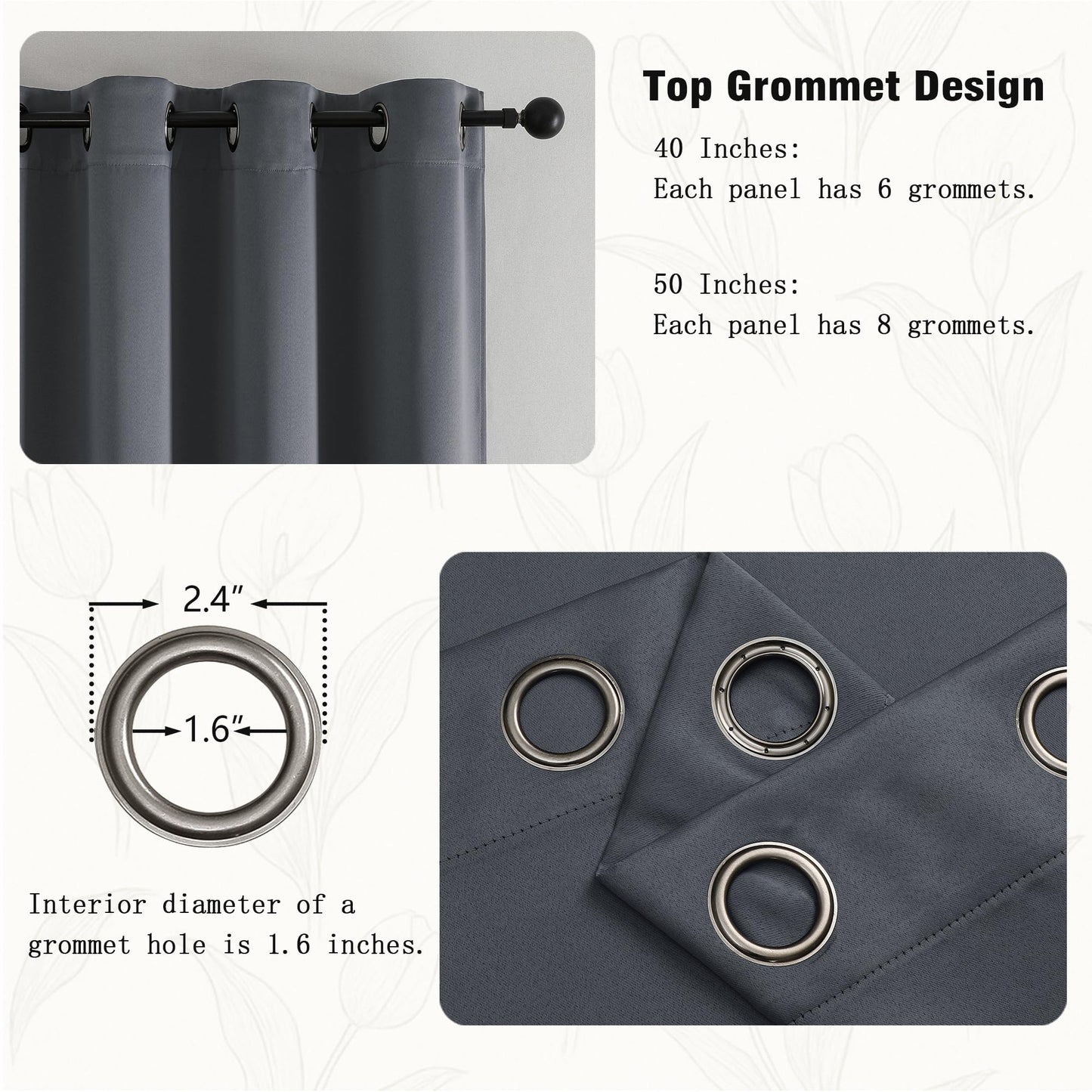 Simplebrand Grommet Blackout Curtains for Bedroom 63 Inch Length 2 Panels Set, Thermal Insulated Energy Saving Curtains for Kids Room, Solid Nursery Window Treatment Drapes, Dark Grey, W40 x L63