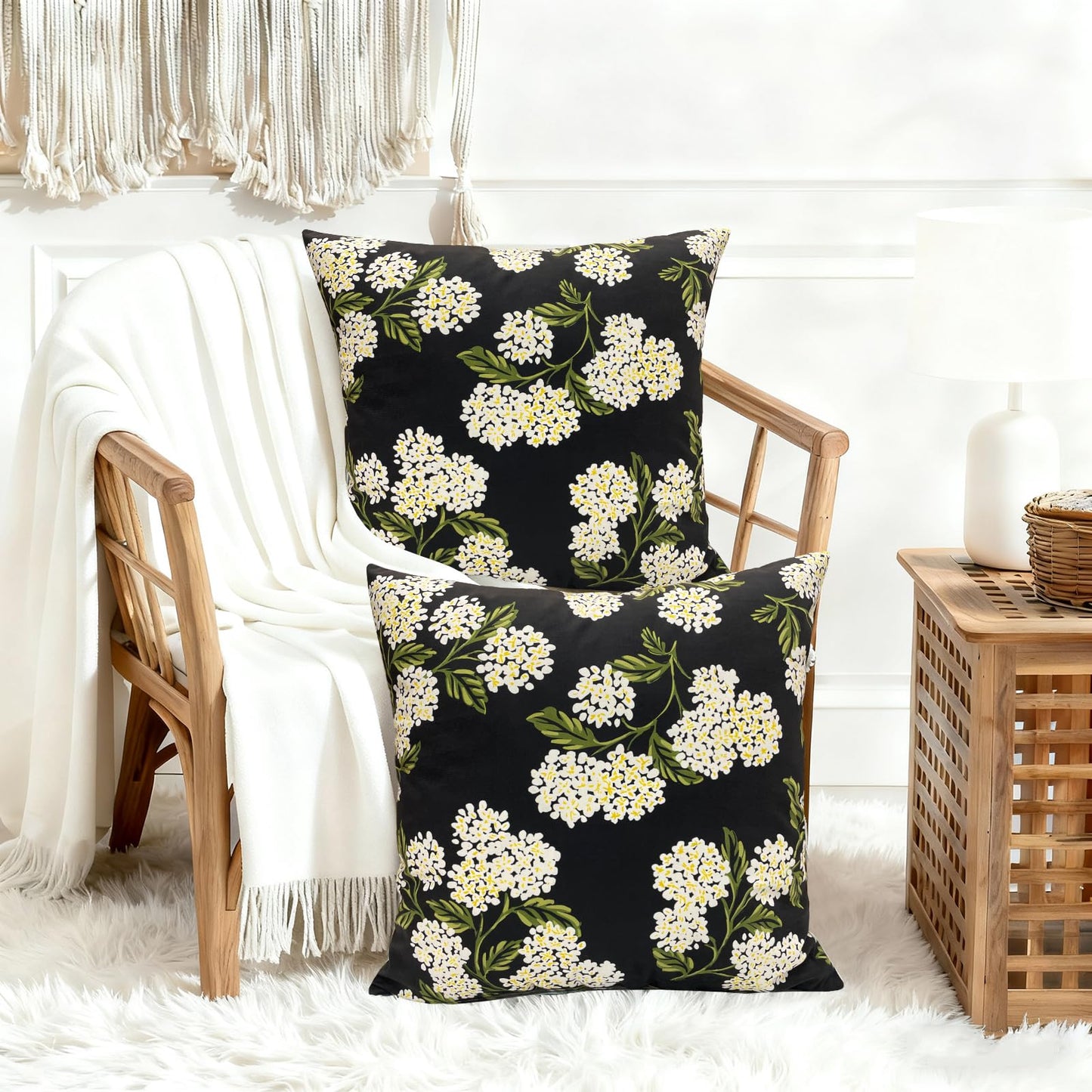 RYSMIYOU Decorative Throw Pillow Covers 18x18 inch Set of 2, Super Soft Black Hydrangea Print Farmhouse Pillow Cases Outdoor Pillow Covers for Couch Sofa Bed Living Room Home Decor Cushion Covers